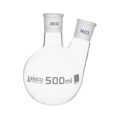 Flask with round bottom, cap. 500ml, borosilicate glass, one oblique neck with joint, centre socket 29/32, side socket 14/23 - eiscoindustrial