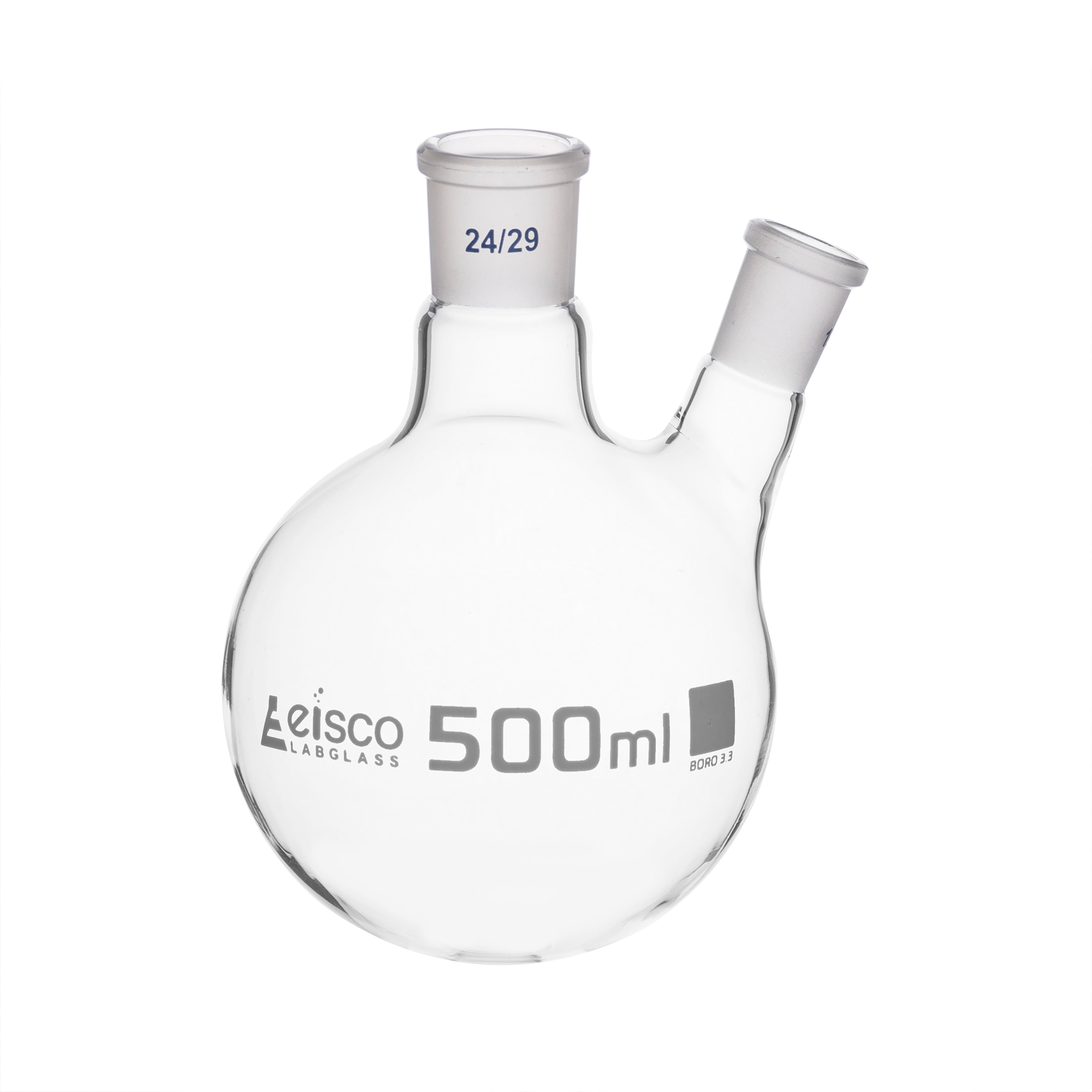 Flask with round bottom, cap. 500ml, borosilicate glass, one oblique neck with joint, centre socket 24/29, side socket 19/26 - eiscoindustrial