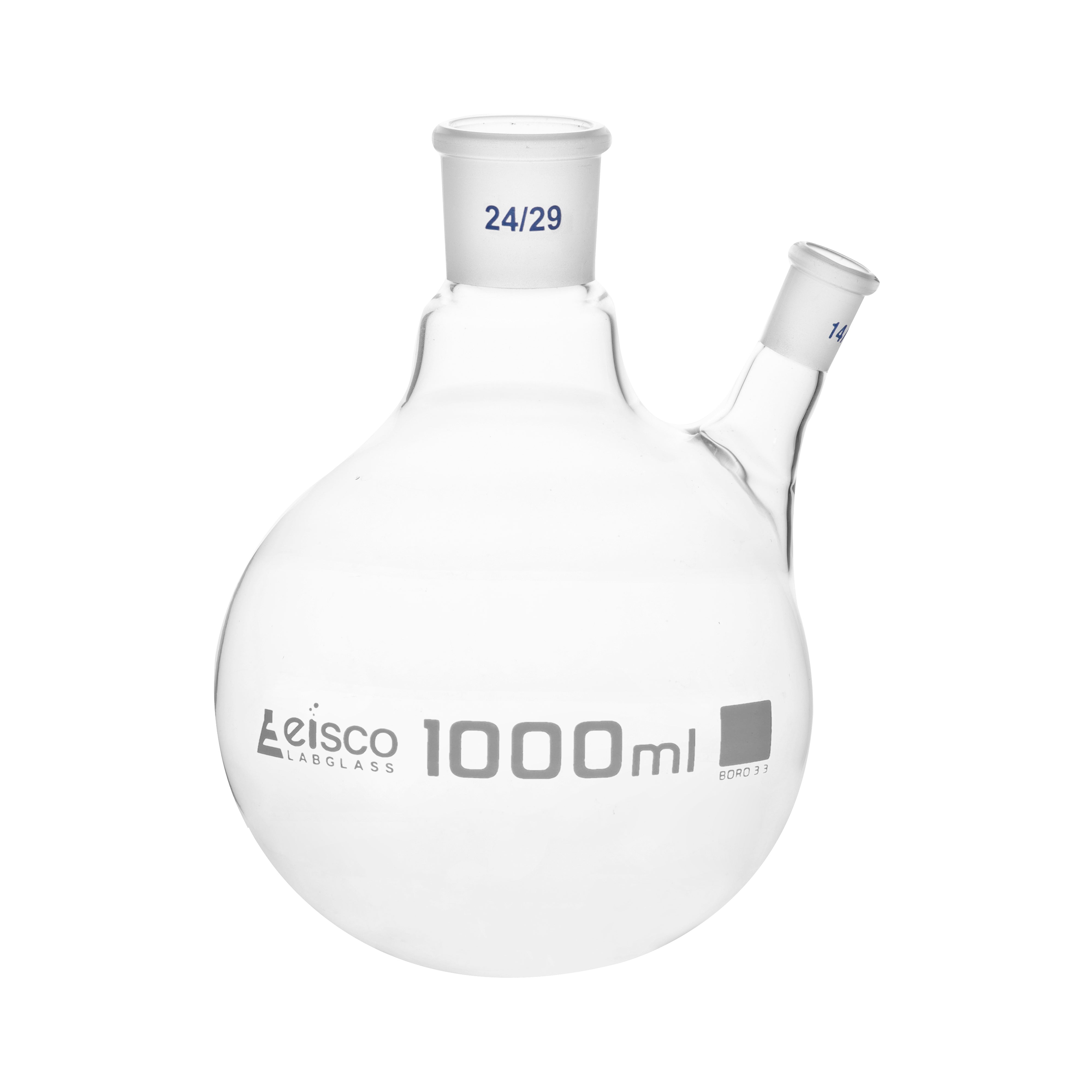 Flask with round bottom, cap. 1000ml, borosilicate glass, one oblique neck with joint, centre socket 24/29, side socket 19/26 - eiscoindustrial