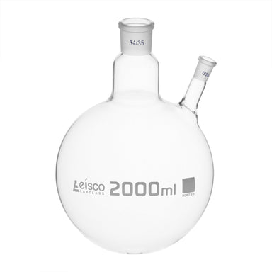 Flask with round bottom, cap. 2000ml, borosilicate glass, one oblique neck with joint, centre socket 34/35, side socket 19/26 - eiscoindustrial