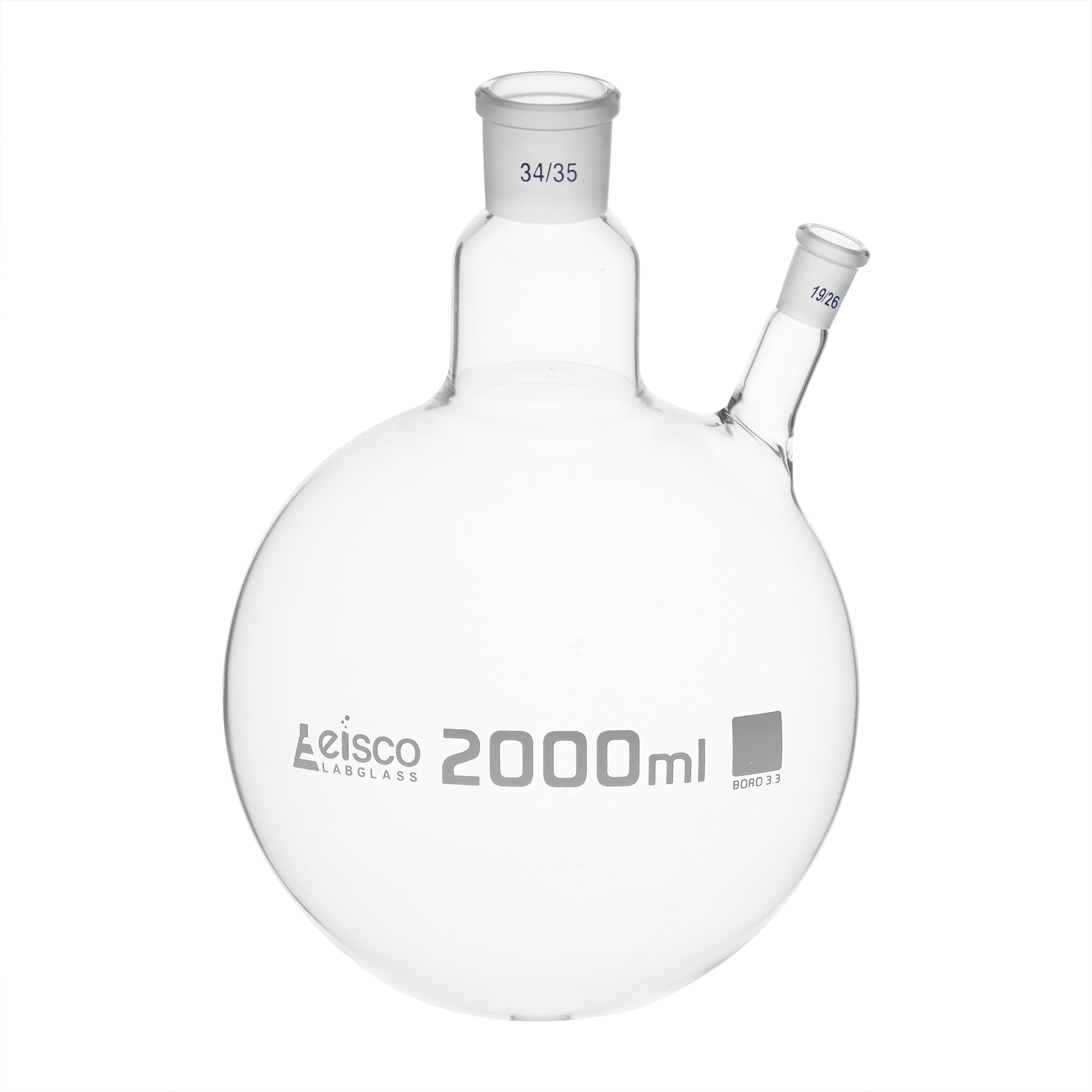 Flask with round bottom, cap. 2000ml, borosilicate glass, one oblique neck with joint, centre socket 34/35, side socket 19/26 - eiscoindustrial