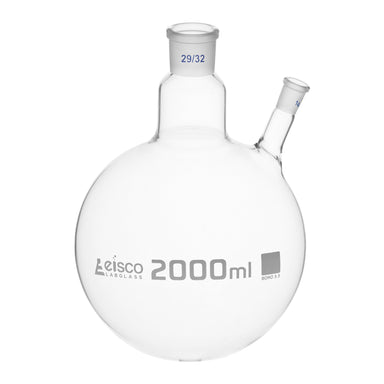 Flask with round bottom, cap. 2000ml, borosilicate glass, one oblique neck with joint, centre socket 29/32, side socket 14/23 - eiscoindustrial