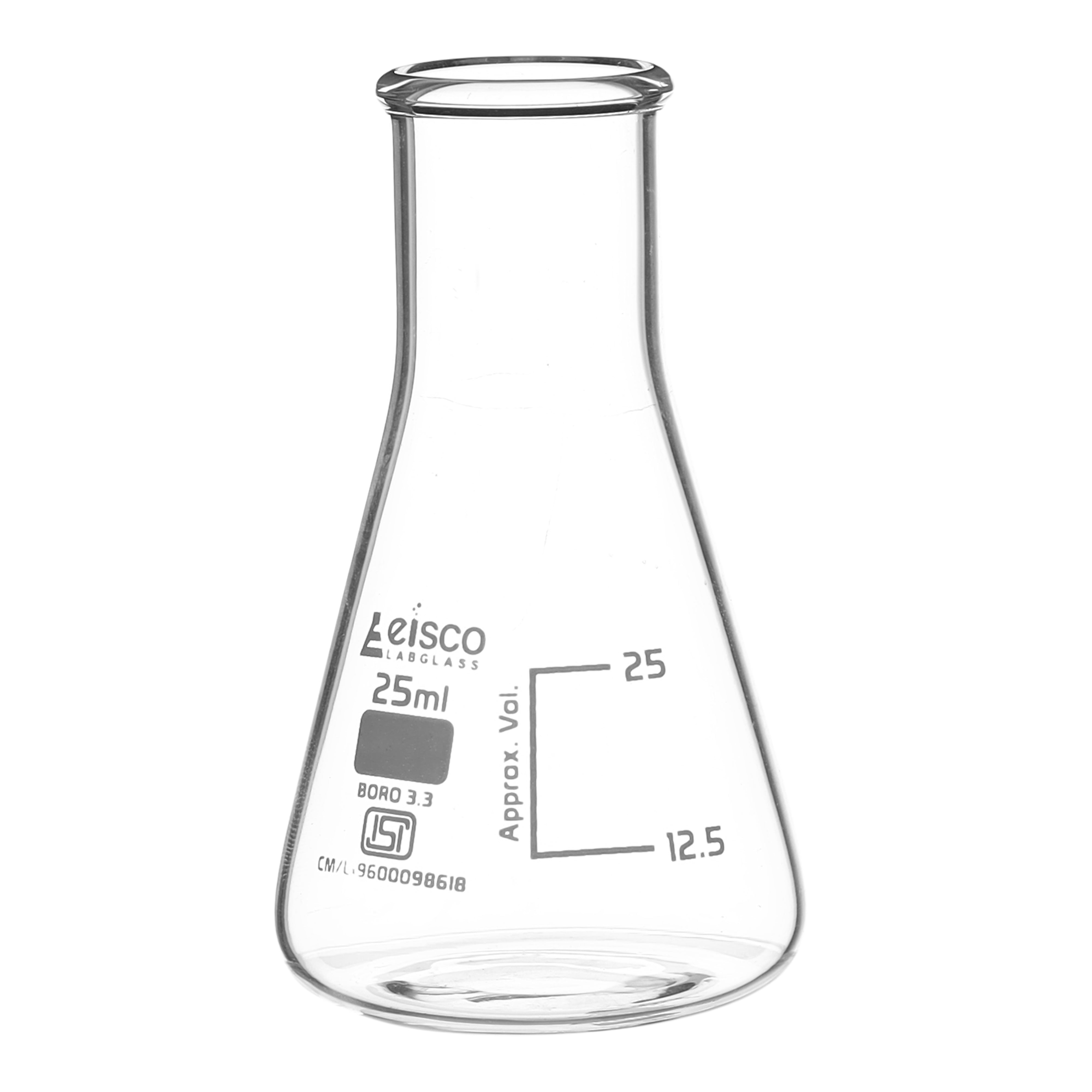 Flask Conical 25ml, narrow neck, borosilicate glass ISI