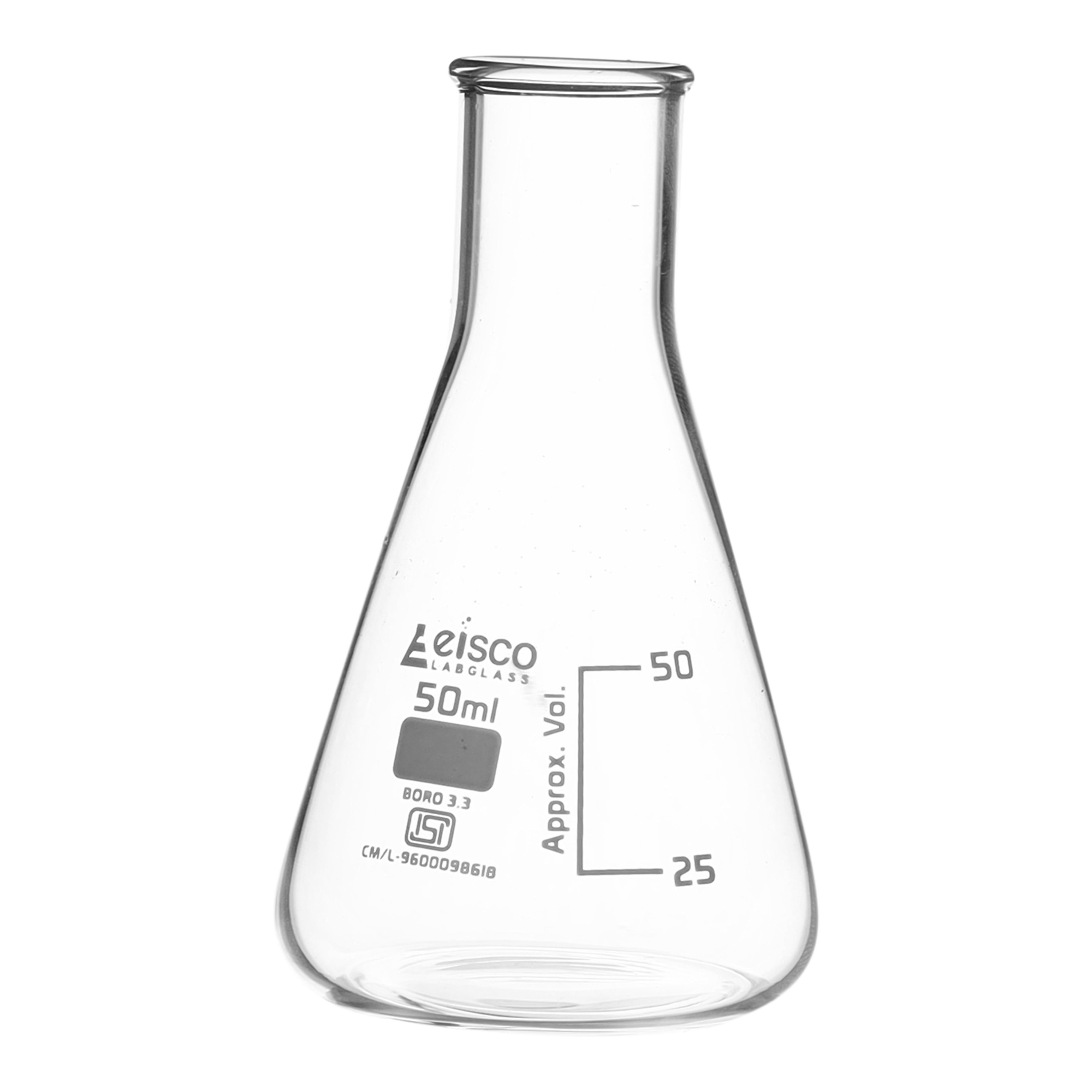 Flask Conical 50ml, narrow neck, borosilicate glass ISI