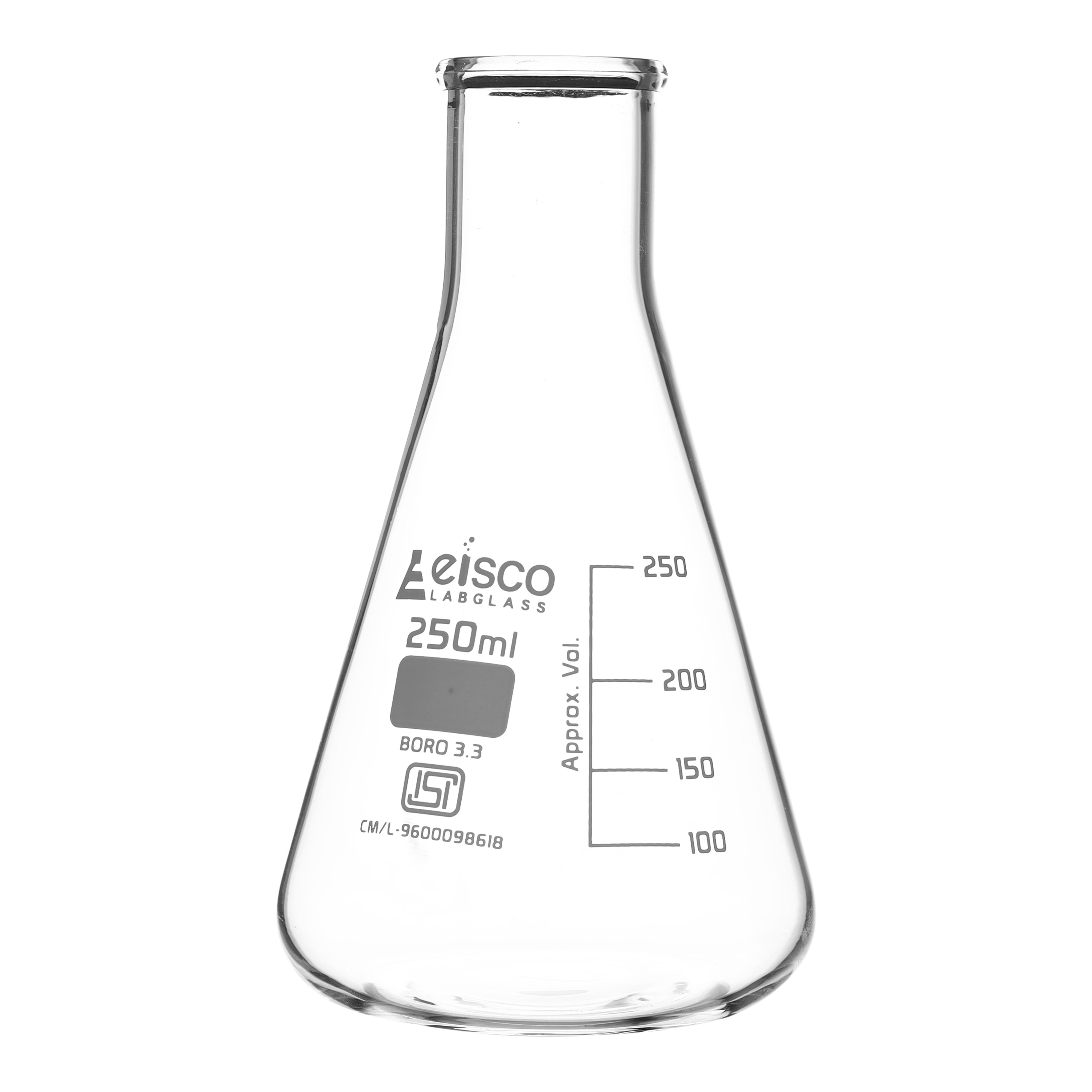 Flask Conical 250ml, narrow neck, borosilicate glass ISI