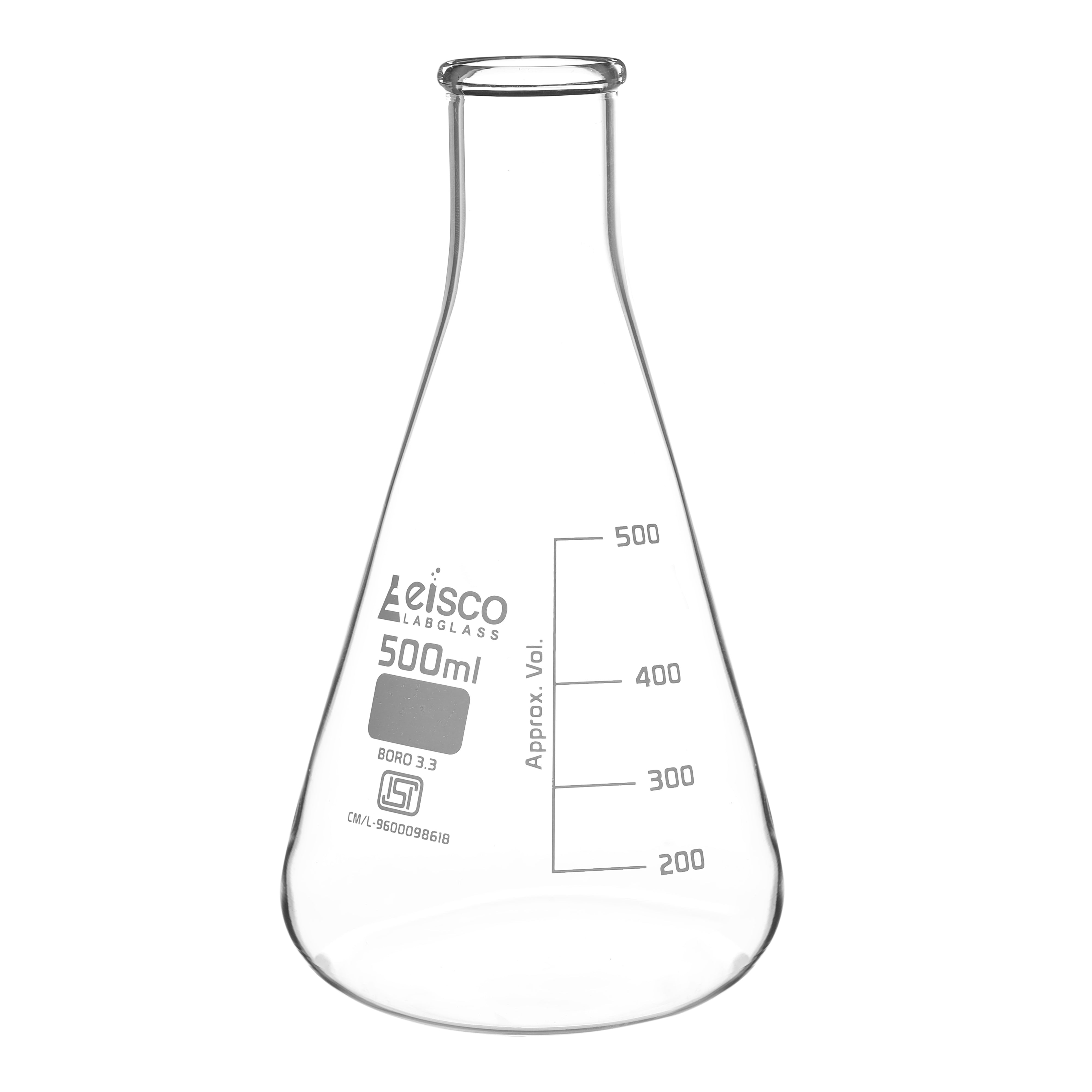 Flask Conical 500ml, narrow neck, borosilicate glass ISI