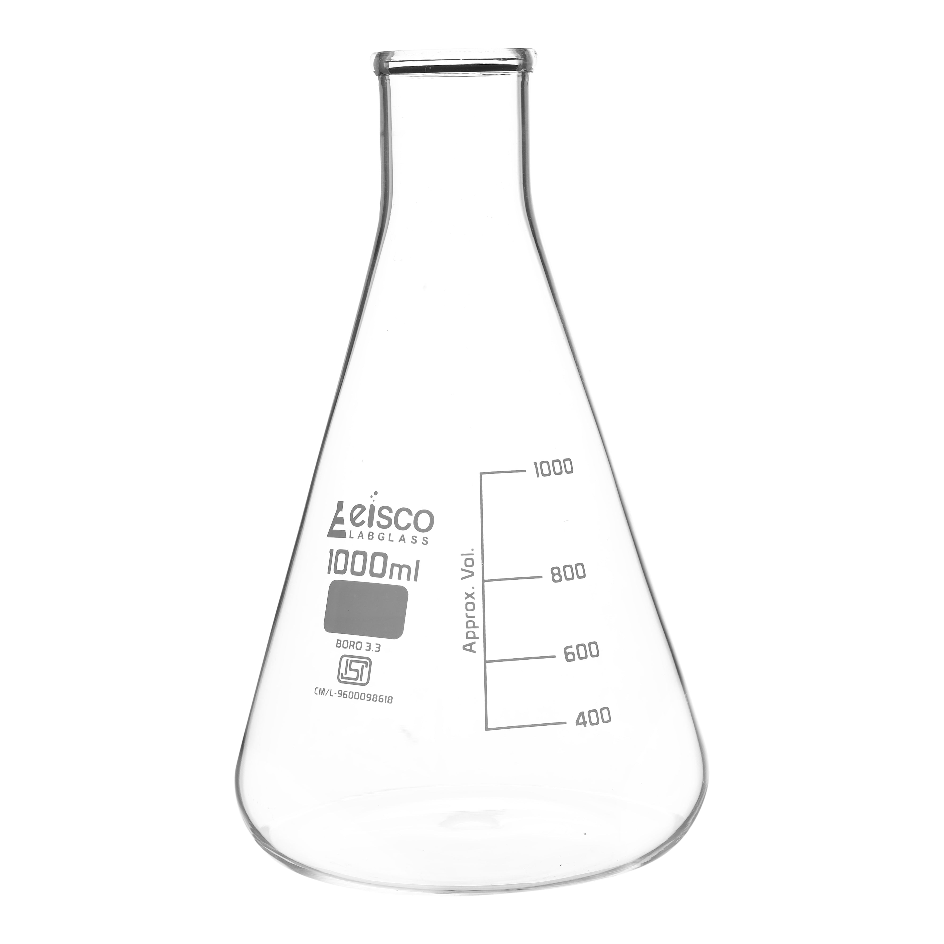 Flask Conical 1000ml, narrow neck, borosilicate glass ISI