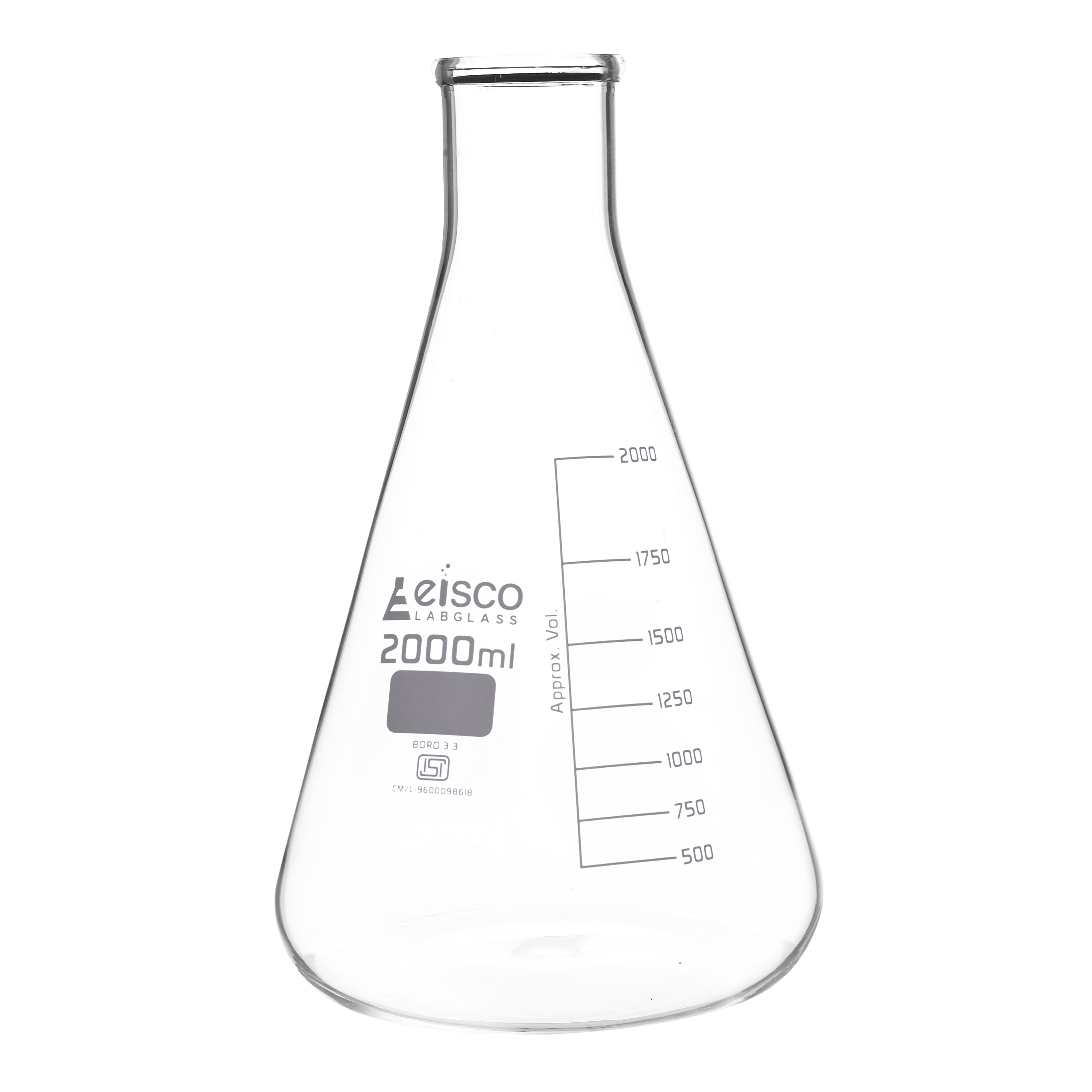 Flask Conical 2000ml, narrow neck, borosilicate glass ISI Marked