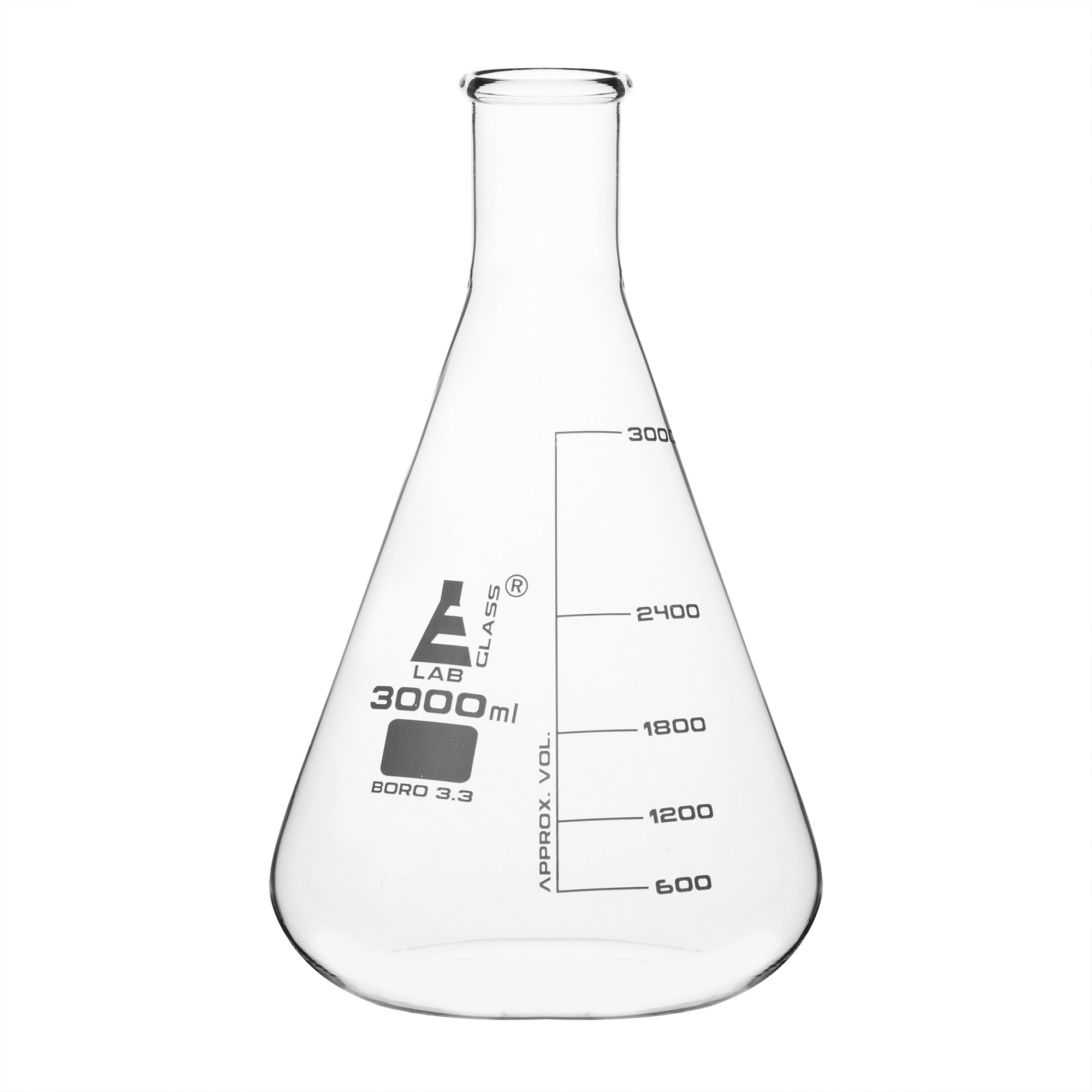 Flask Conical 3000ml, narrow neck, borosilicate glass - eiscoindustrial