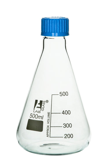 Flask Conical 500ml, Erlenmeyer, with teflon liner screw cap, borosilicate glass - eiscoindustrial