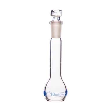 Flasks Volumetric with Hollow Stopper Class - A, cap. 10ml, Hex. Hollow Stopper, borosilicate glass, Blue Printing - eiscoindustrial