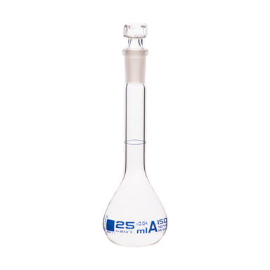 Flasks Volumetric with Hollow Stopper Class - A, cap. 25ml, Hex. Hollow Stopper, borosilicate glass, Blue Printing - eiscoindustrial