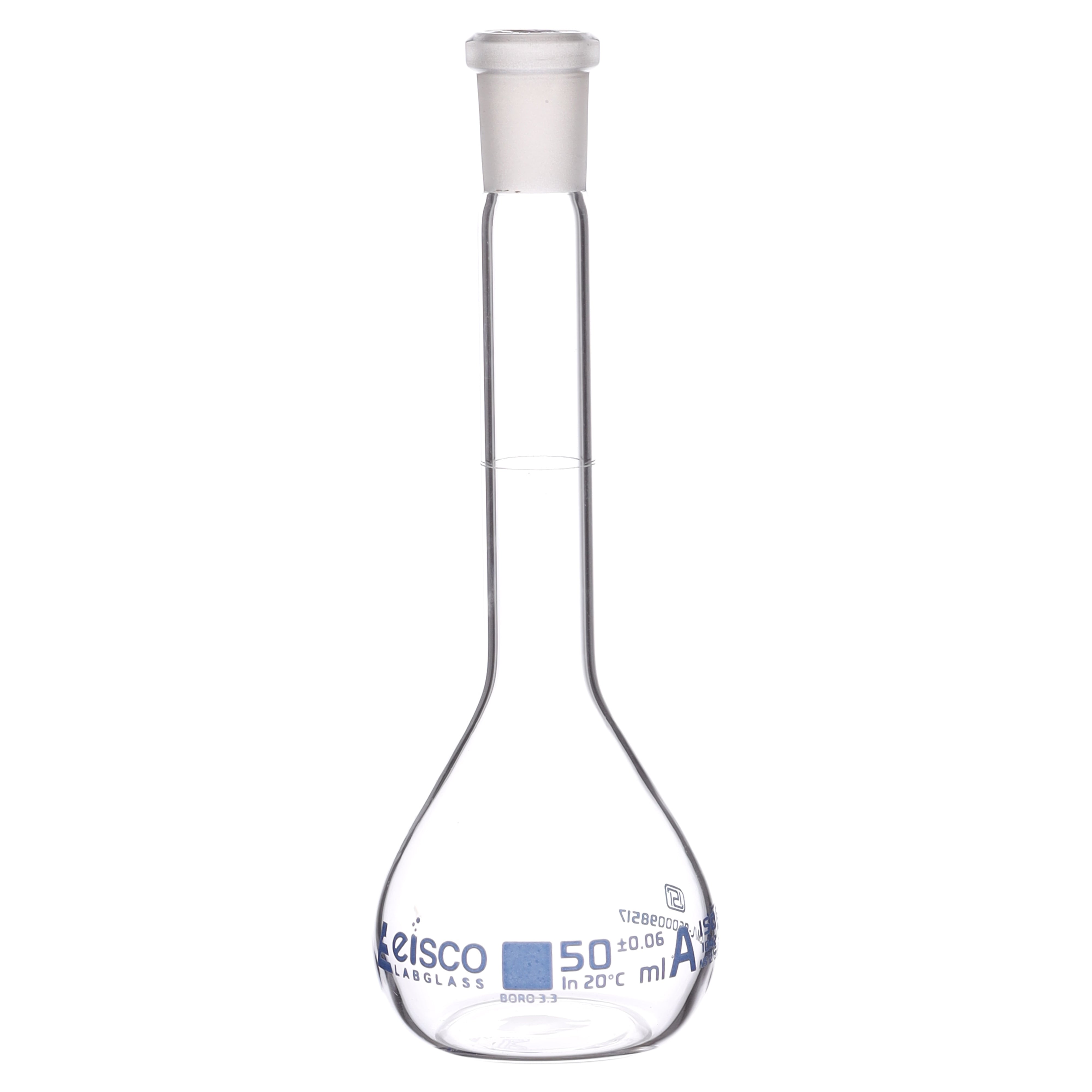 Flasks Volumetric with Hollow Stopper Class - A, cap. 50ml, Hex. Hollow Stopper, borosilicate glass, Blue Printing ISI