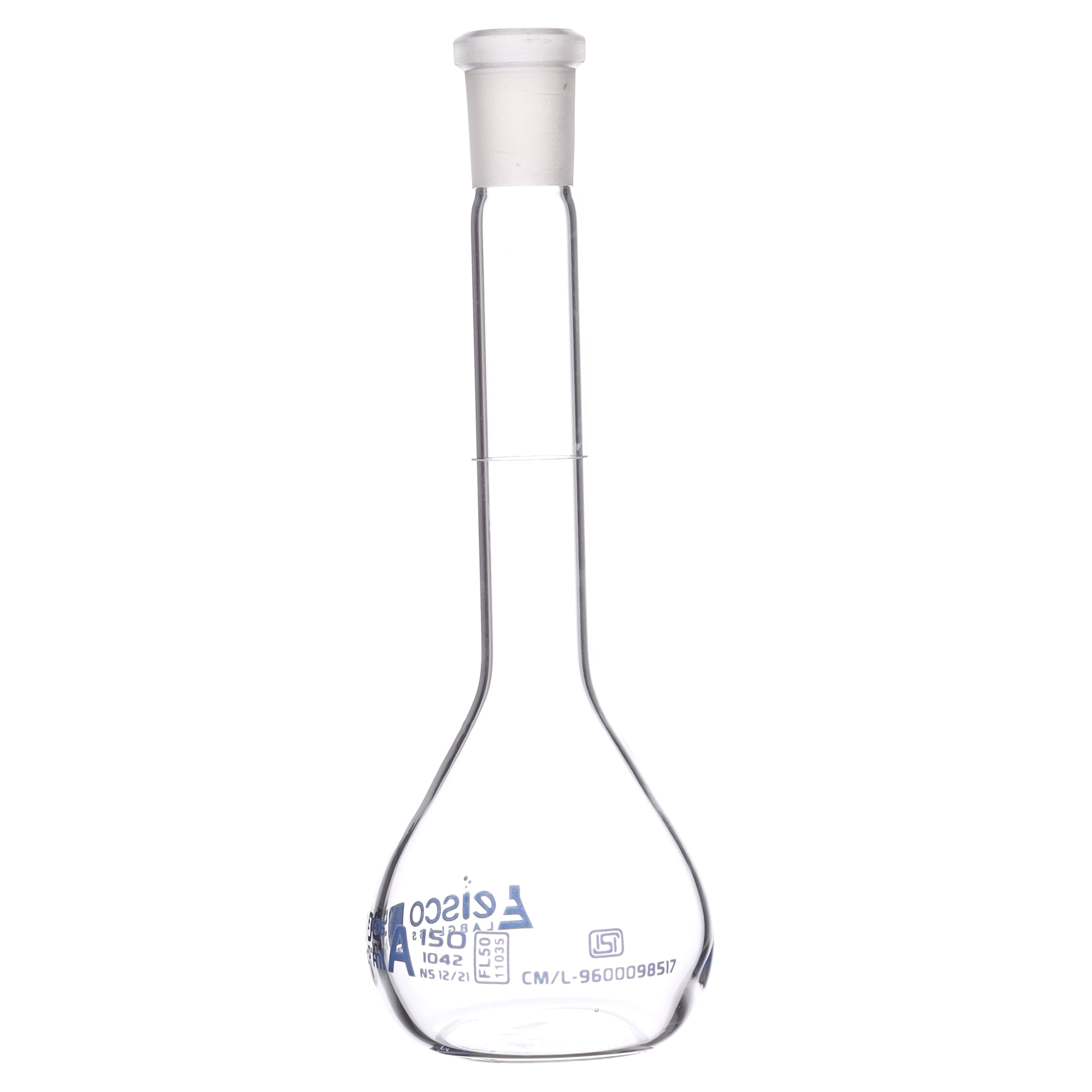 Flasks Volumetric with Hollow Stopper Class - A, cap. 50ml, Hex. Hollow Stopper, borosilicate glass, Blue Printing ISI