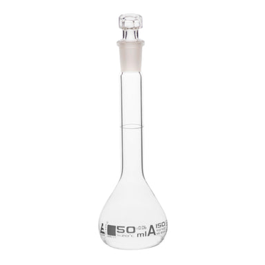 Flasks Volumetric with Hollow Stopper Class - A, cap. 50ml, Hex. Hollow Stopper, borosilicate glass, White Printing - eiscoindustrial