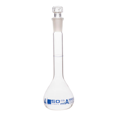 Flasks Volumetric with Hollow Stopper Class - A, cap. 50ml, Hex. Hollow Stopper, borosilicate glass, Blue Printing - eiscoindustrial