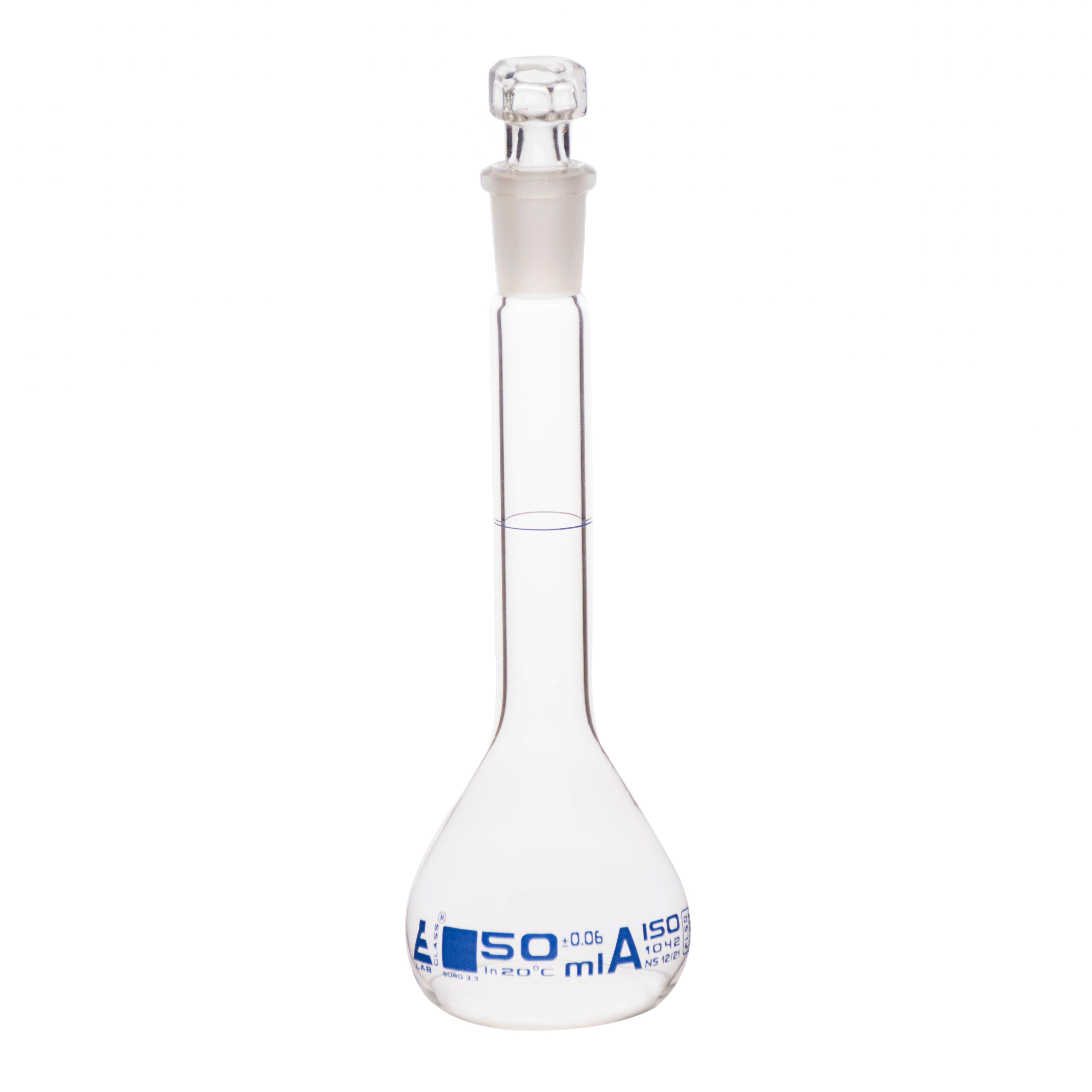 Flasks Volumetric with Hollow Stopper Class - A, cap. 50ml, Hex. Hollow Stopper, borosilicate glass, Blue Printing - eiscoindustrial