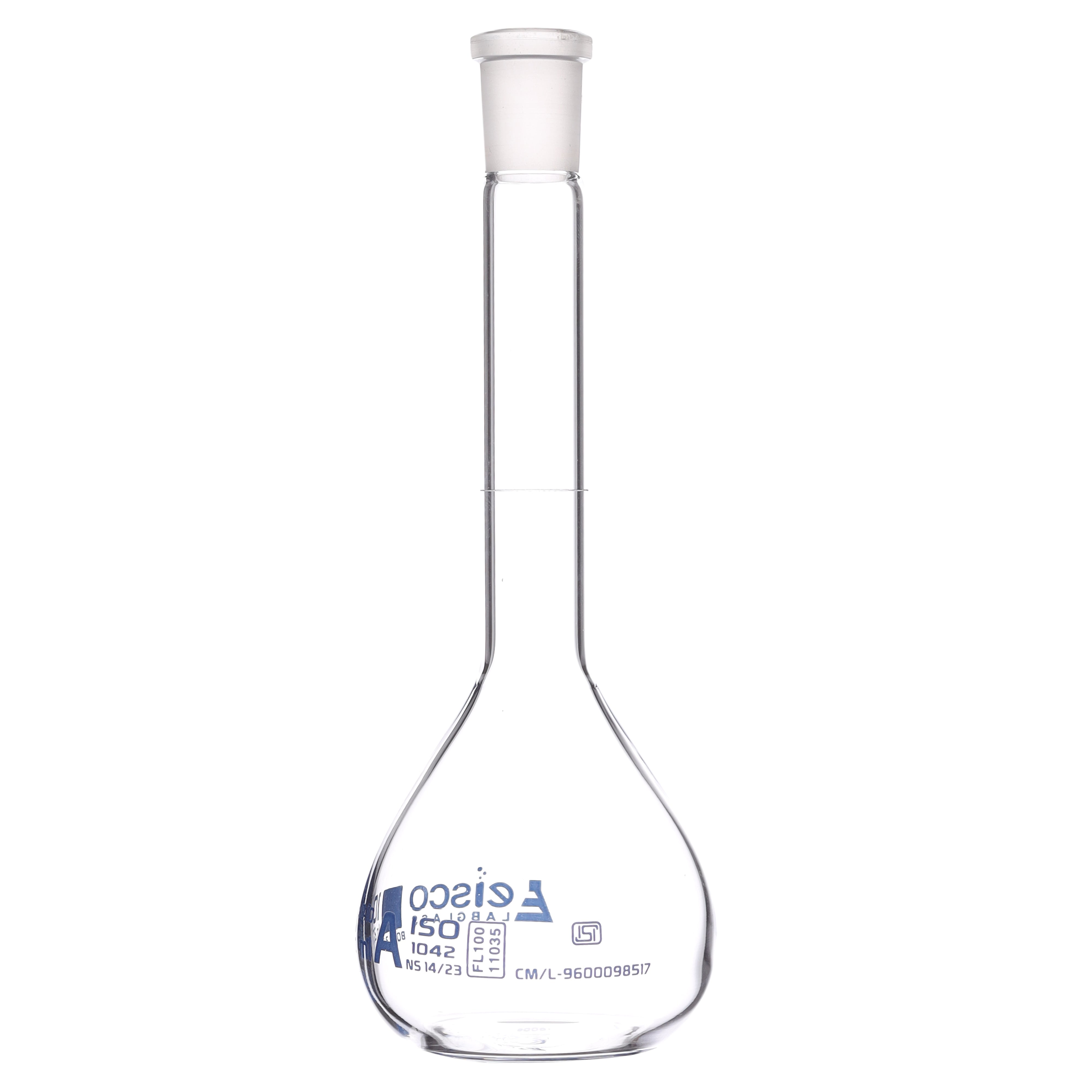 Flasks Volumetric with Hollow Stopper Class - A, cap. 100ml, Hex. Hollow Stopper, borosilicate glass, Blue Printing ISI