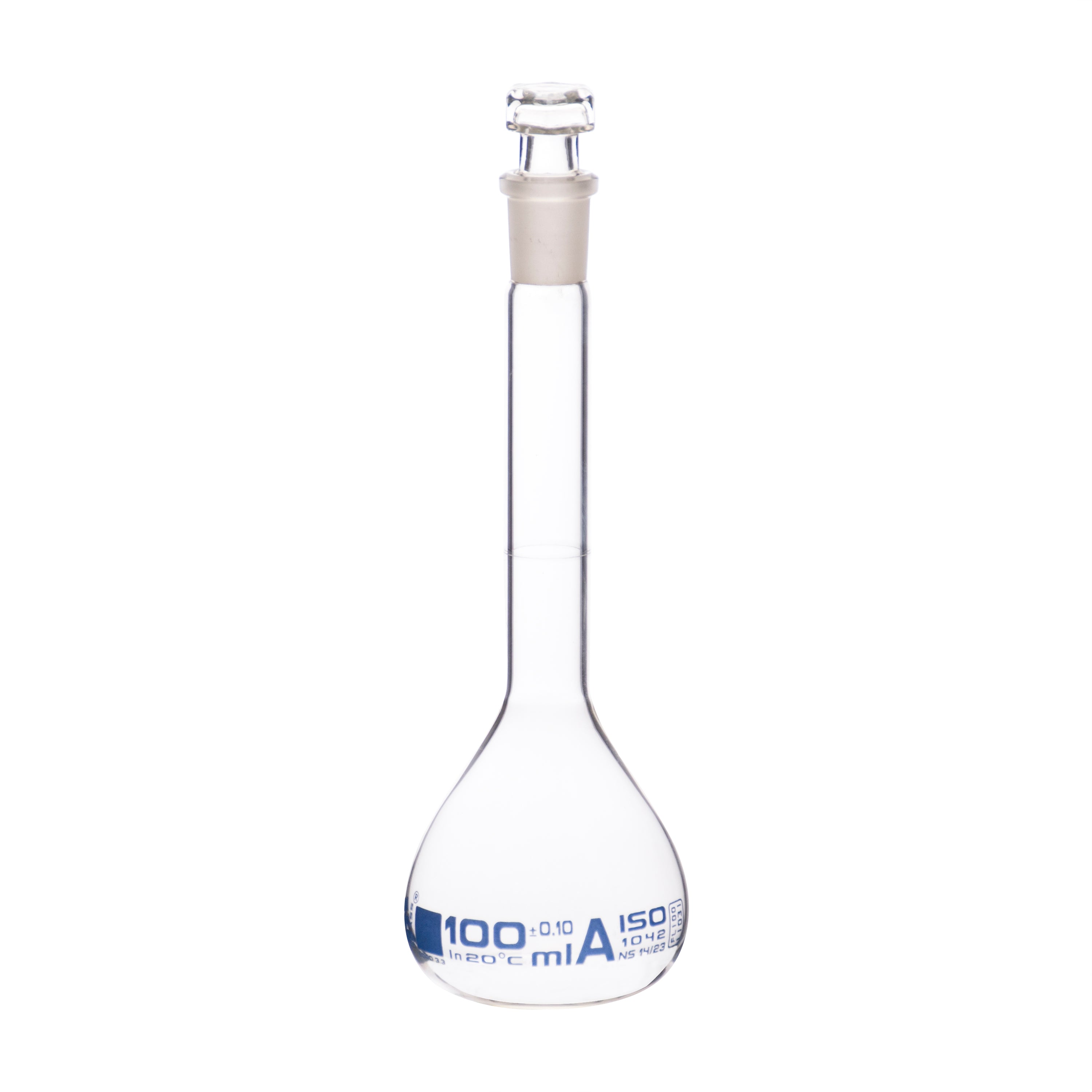 Flasks Volumetric with Hollow Stopper Class - A, cap. 100ml, Hex. Hollow Stopper, borosilicate glass, Blue Printing - eiscoindustrial