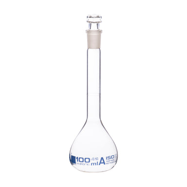 Flasks Volumetric with Hollow Stopper Class - A, cap. 100ml, Hex. Hollow Stopper, borosilicate glass, Blue Printing - eiscoindustrial