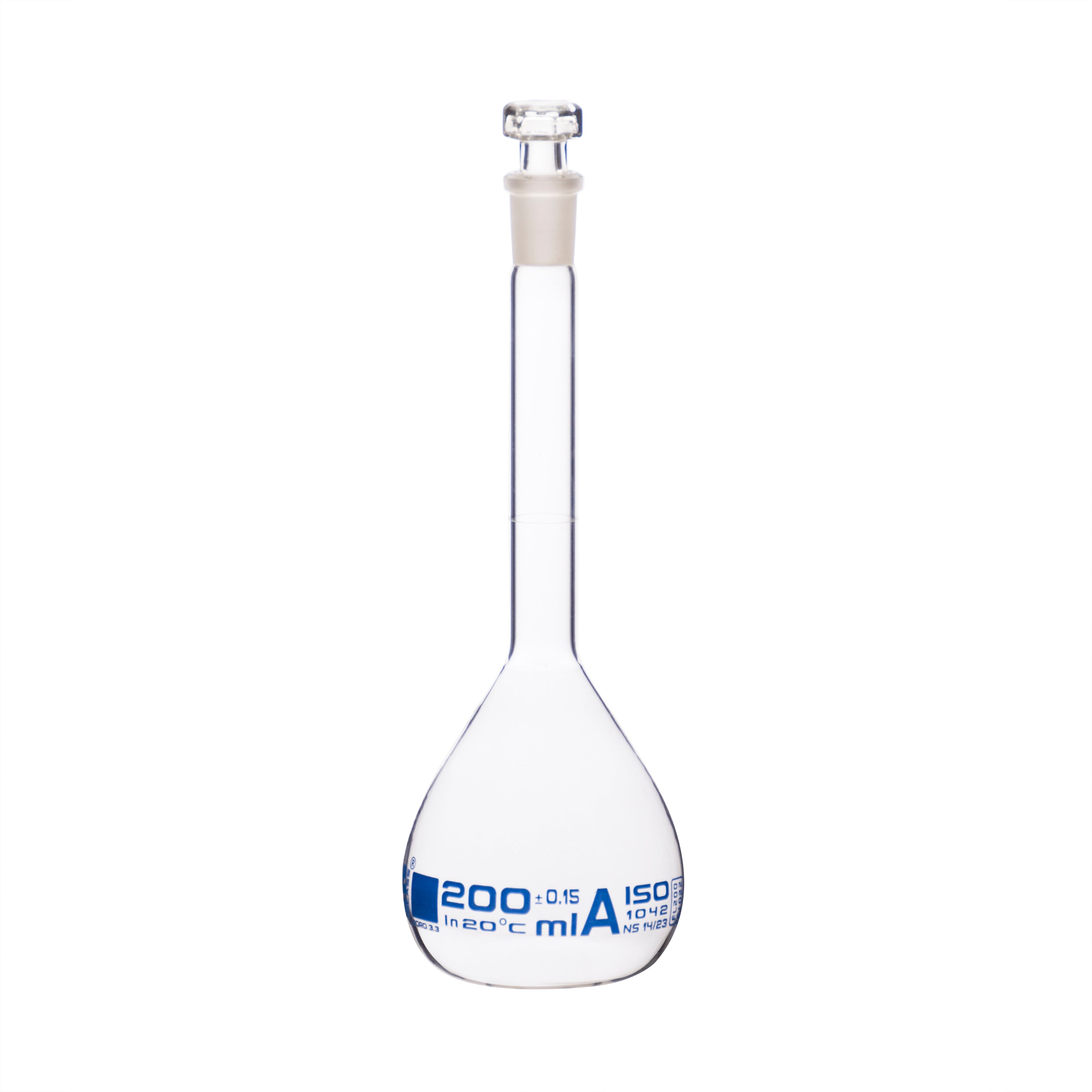 Flasks Volumetric with Hollow Stopper Class - A, cap. 200ml, Hex. Hollow Stopper, borosilicate glass, Blue Printing - eiscoindustrial