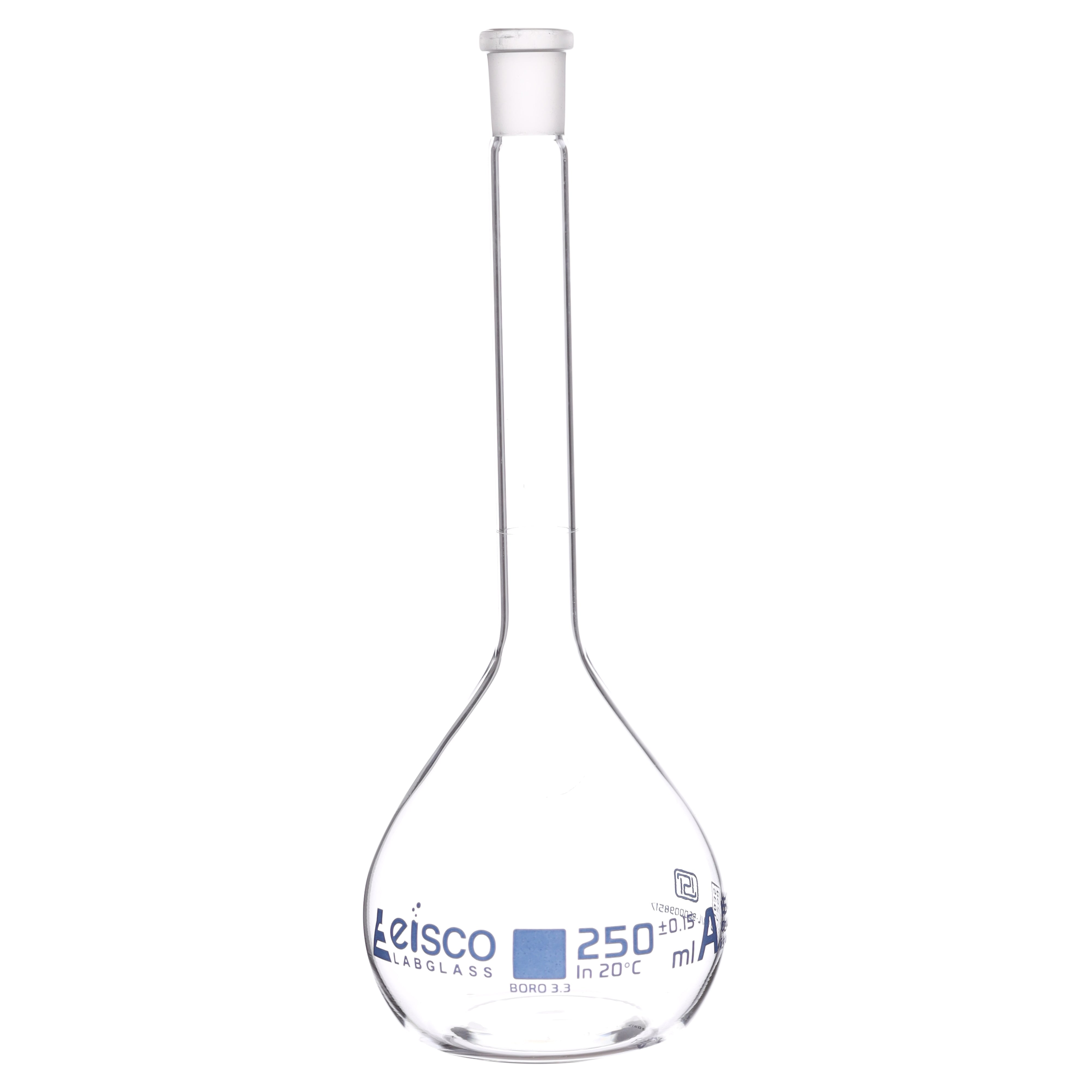 Flasks Volumetric with Hollow Stopper Class - A, cap. 250ml, Hex. Hollow Stopper, borosilicate glass, Blue Printing ISI