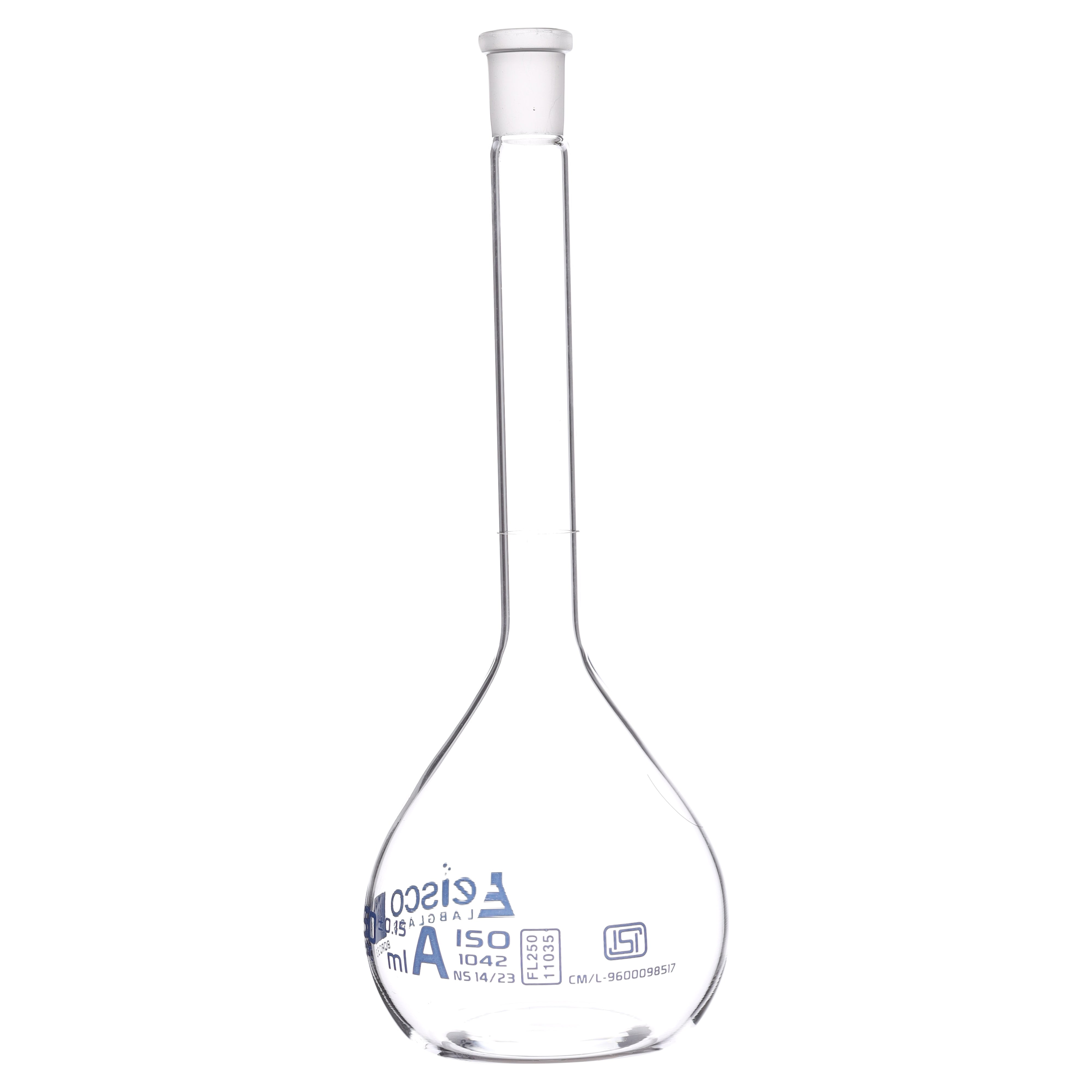 Flasks Volumetric with Hollow Stopper Class - A, cap. 250ml, Hex. Hollow Stopper, borosilicate glass, Blue Printing ISI