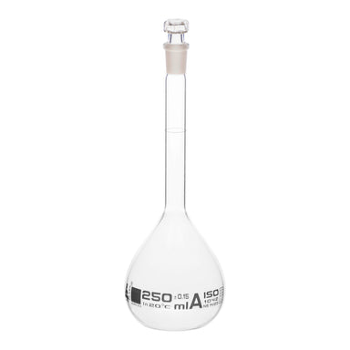 Flasks Volumetric with Hollow Stopper Class - A, cap. 250ml, Hex. Hollow Stopper, borosilicate glass, White Printing - eiscoindustrial