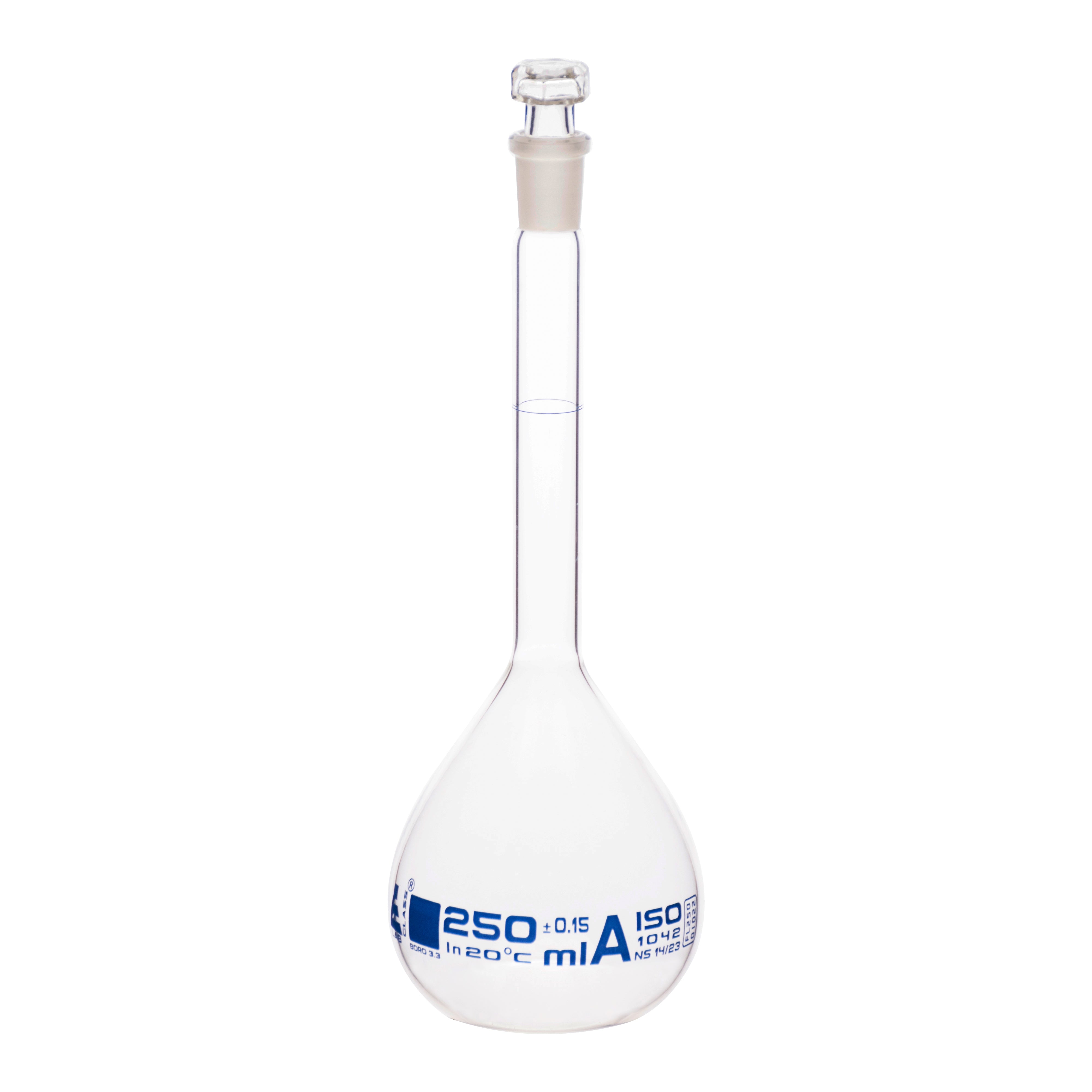 Flasks Volumetric with Hollow Stopper Class - A, cap. 250ml, Hex. Hollow Stopper, borosilicate glass, Blue Printing - eiscoindustrial