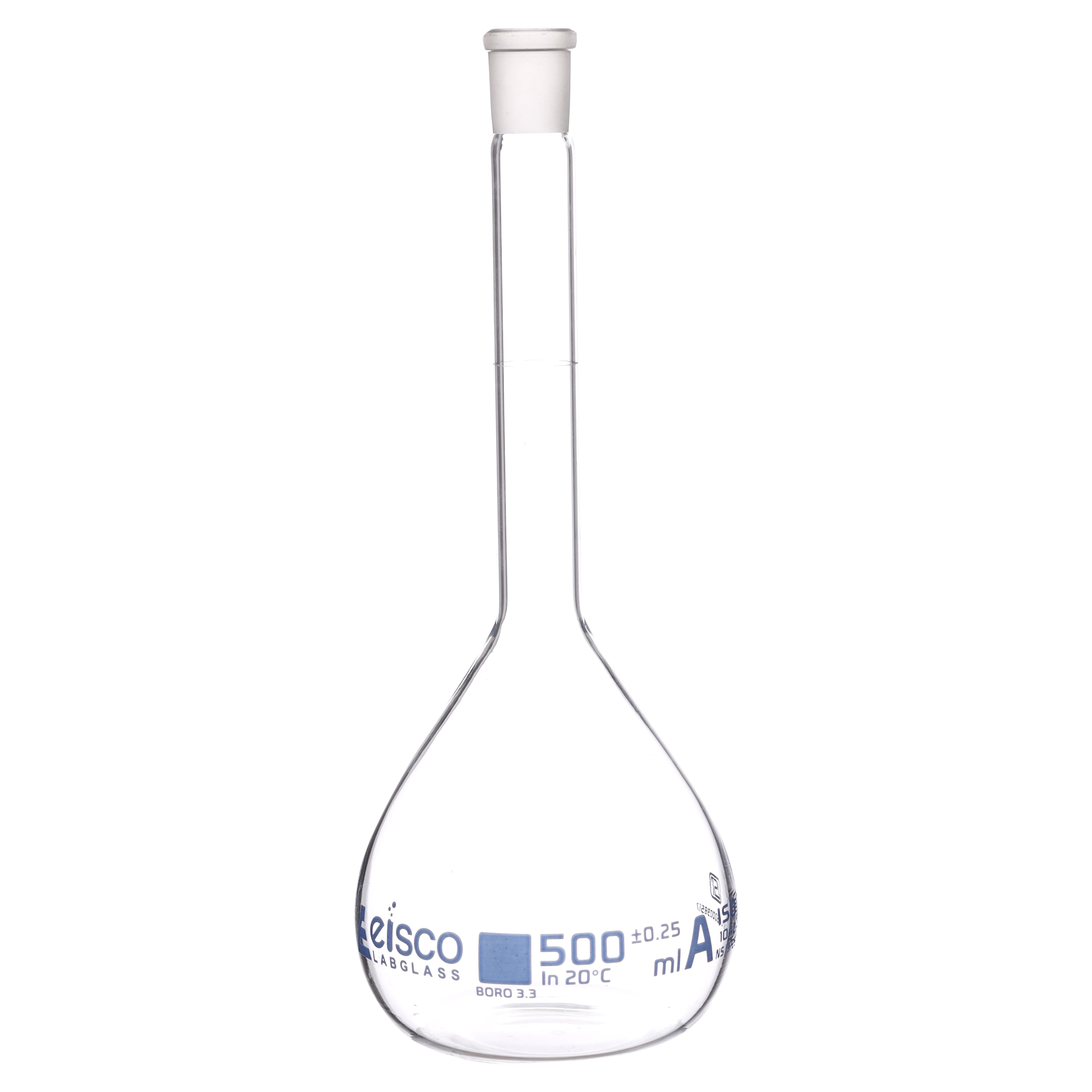 Flasks Volumetric with Hollow Stopper Class - A, cap. 500ml, Hex. Hollow Stopper, borosilicate glass, Blue Printing ISI