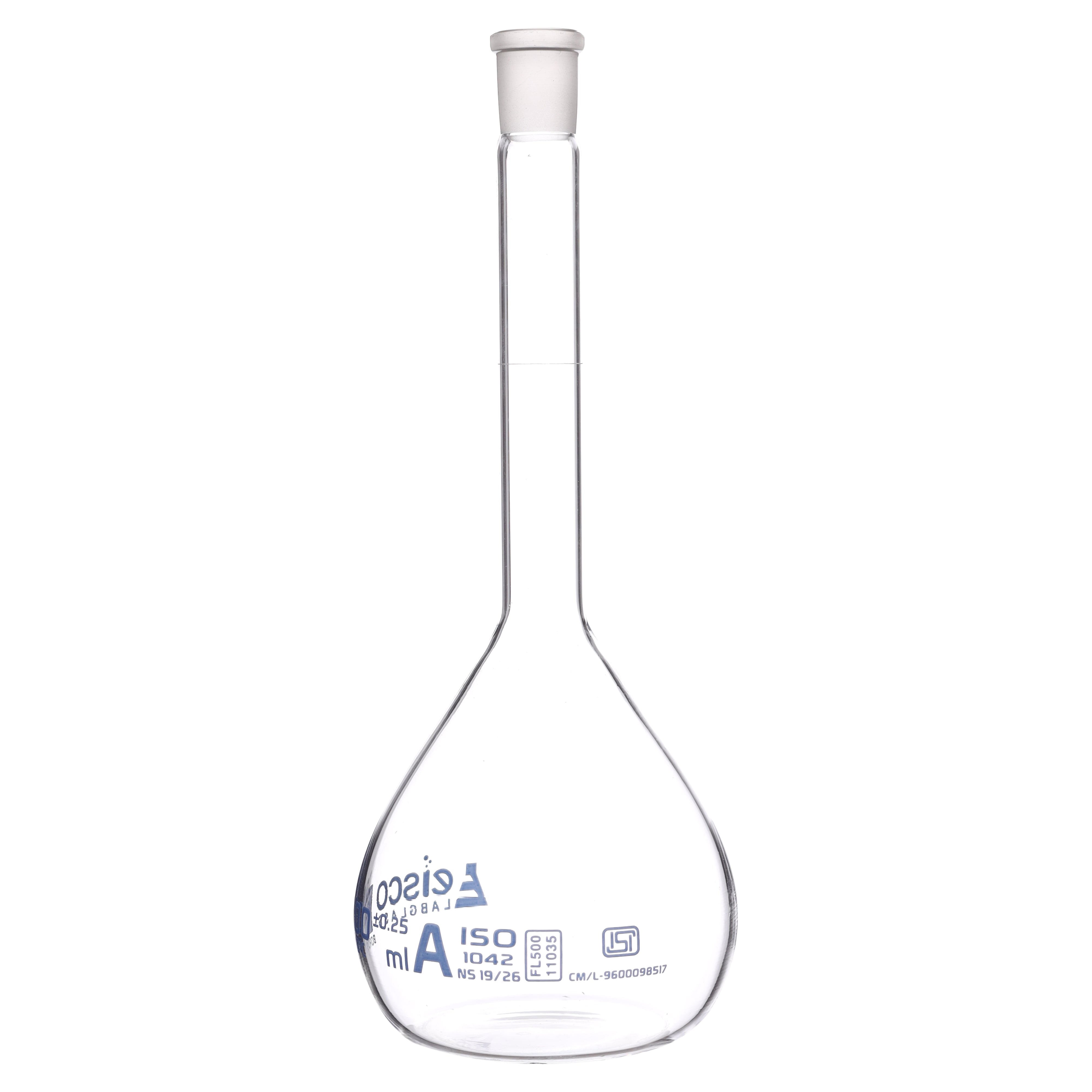 Flasks Volumetric with Hollow Stopper Class - A, cap. 500ml, Hex. Hollow Stopper, borosilicate glass, Blue Printing ISI