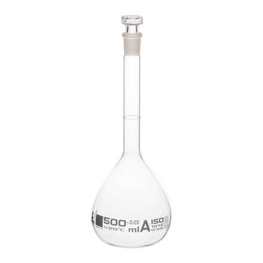 Flasks Volumetric with Hollow Stopper Class - A, cap. 500ml, Hex. Hollow Stopper, borosilicate glass, White Printing - eiscoindustrial