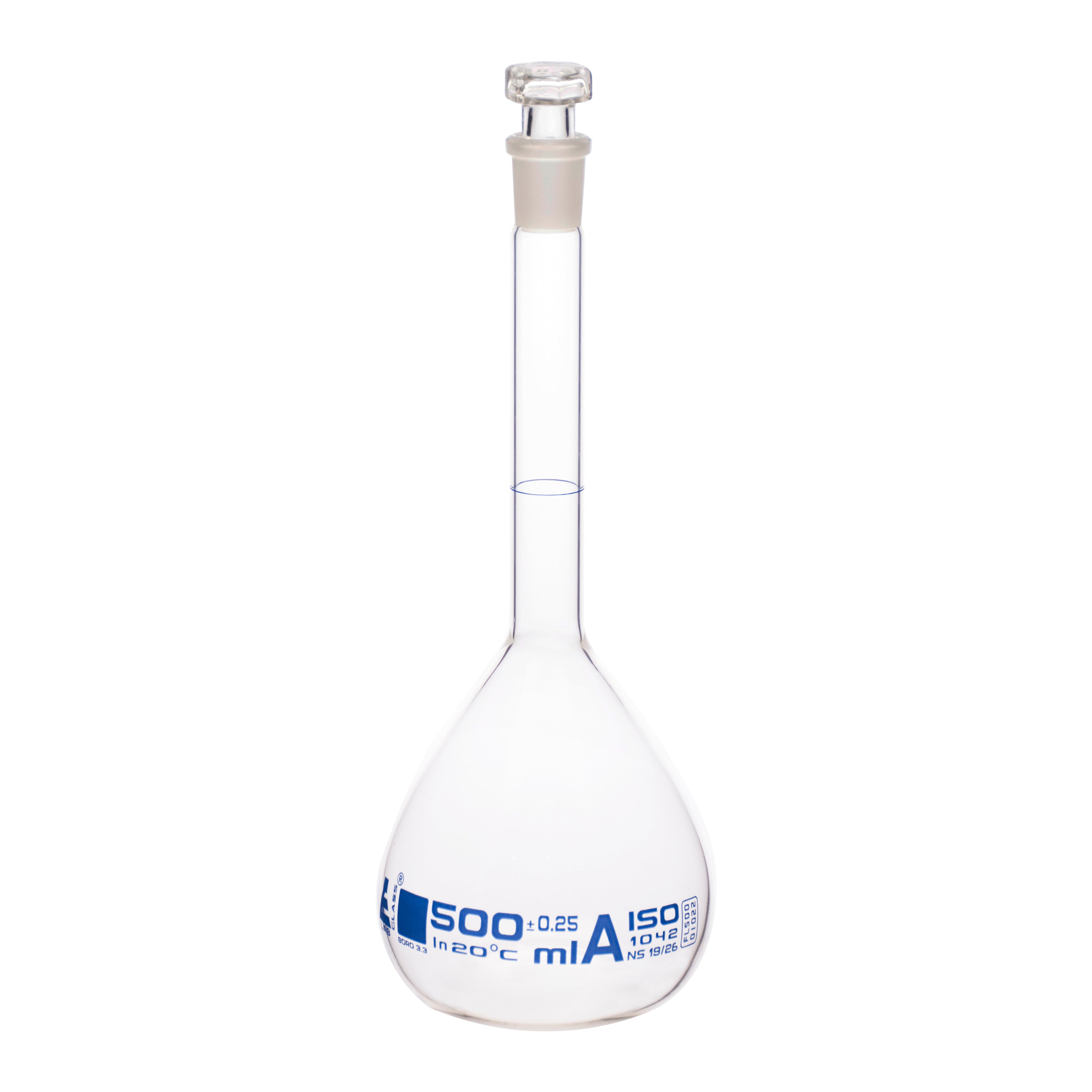 Flasks Volumetric with Hollow Stopper Class - A, cap. 500ml, Hex. Hollow Stopper, borosilicate glass, Blue Printing - eiscoindustrial