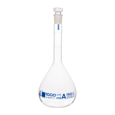 Flasks Volumetric with Hollow Stopper Class - A, cap. 1000ml, Hex. Hollow Stopper, borosilicate glass, Blue Printing - eiscoindustrial