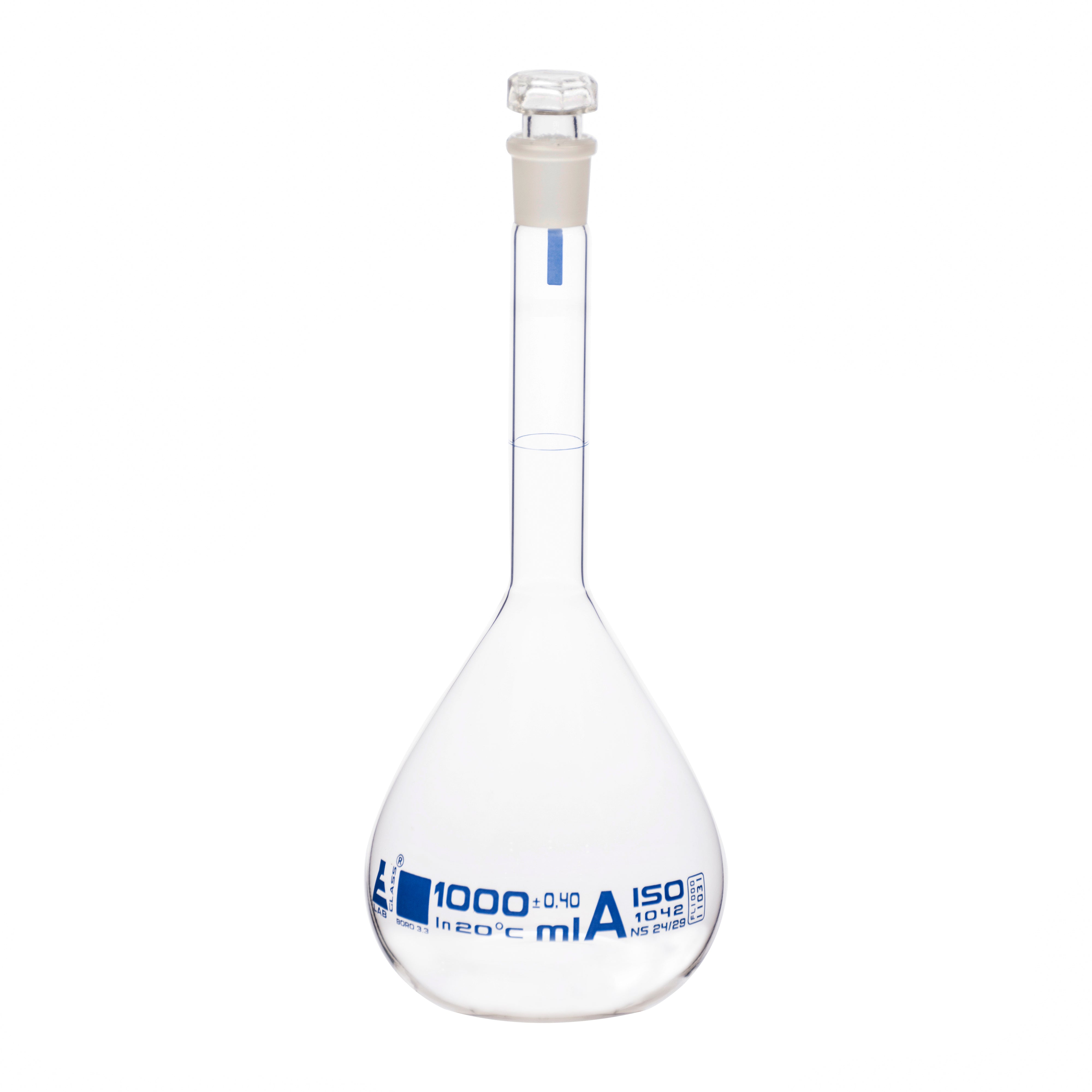 Flasks Volumetric with Hollow Stopper Class - A, cap. 1000ml, Hex. Hollow Stopper, borosilicate glass, Blue Printing - eiscoindustrial