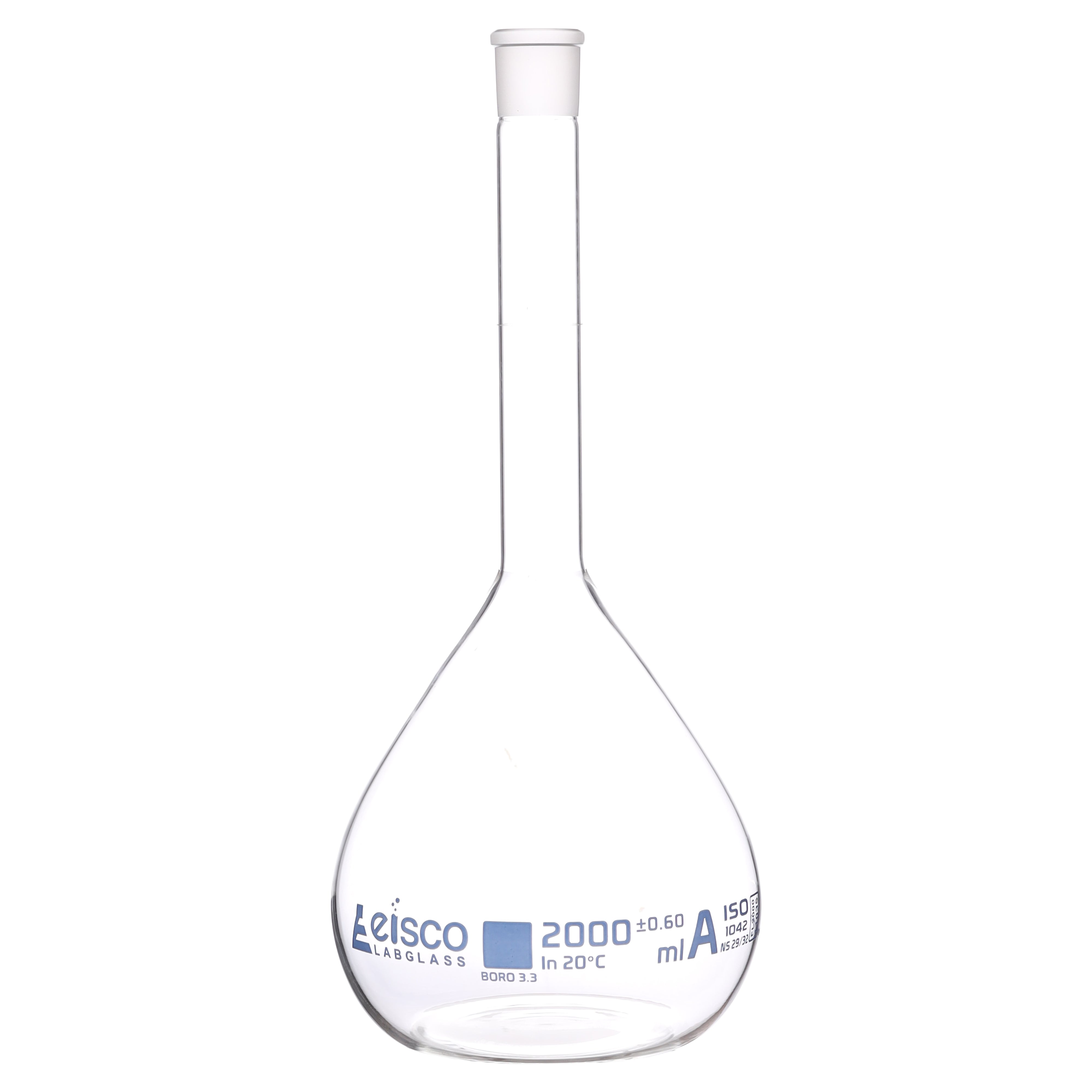 Flasks Volumetric with Hollow Stopper Class - A, cap. 2000ml, Hex. Hollow Stopper, borosilicate glass, Blue Printing ISI