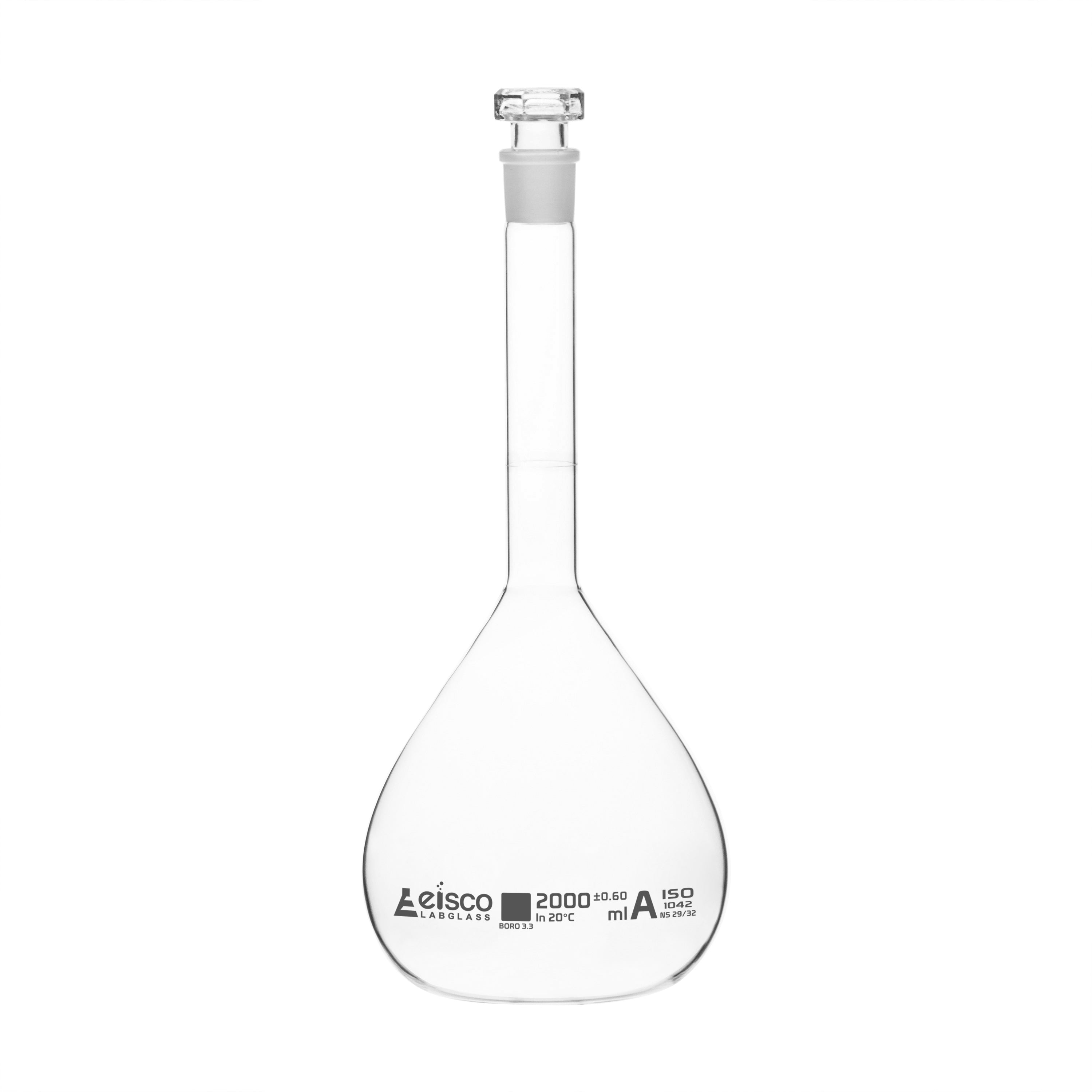 Flasks Volumetric with Hollow Stopper Class - A, cap. 2000ml, Hex. Hollow Stopper, borosilicate glass, White Printing - eiscoindustrial