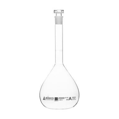 Flasks Volumetric with Hollow Stopper Class - A, cap. 2000ml, Hex. Hollow Stopper, borosilicate glass, White Printing - eiscoindustrial