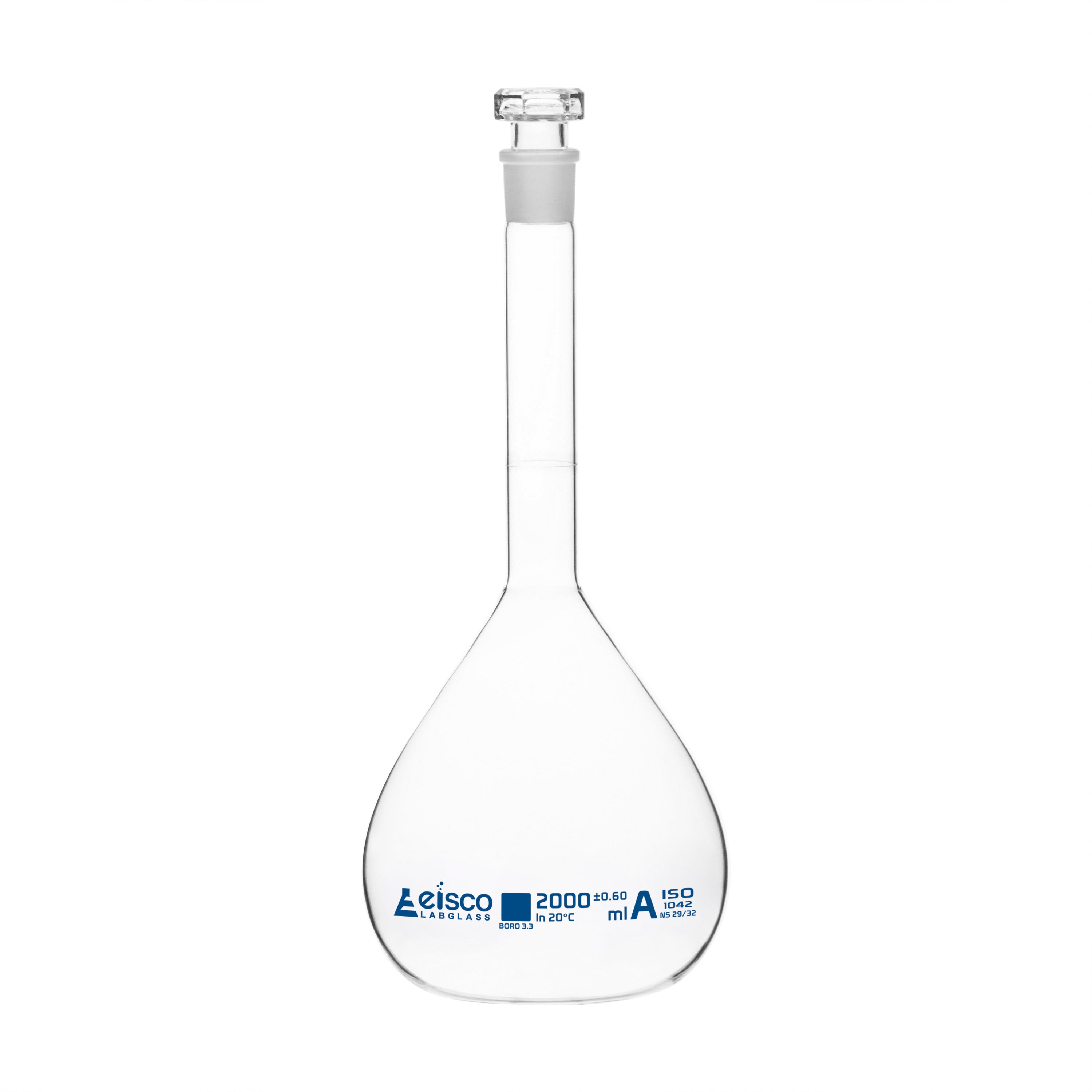 Flasks Volumetric with Hollow Stopper Class - A, cap. 2000ml, Hex. Hollow Stopper, borosilicate glass, Blue Printing - eiscoindustrial