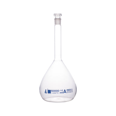 Flasks Volumetric with Hollow Stopper Class - A, cap. 5000ml, Hex. Hollow Stopper, borosilicate glass, Blue Printing - eiscoindustrial