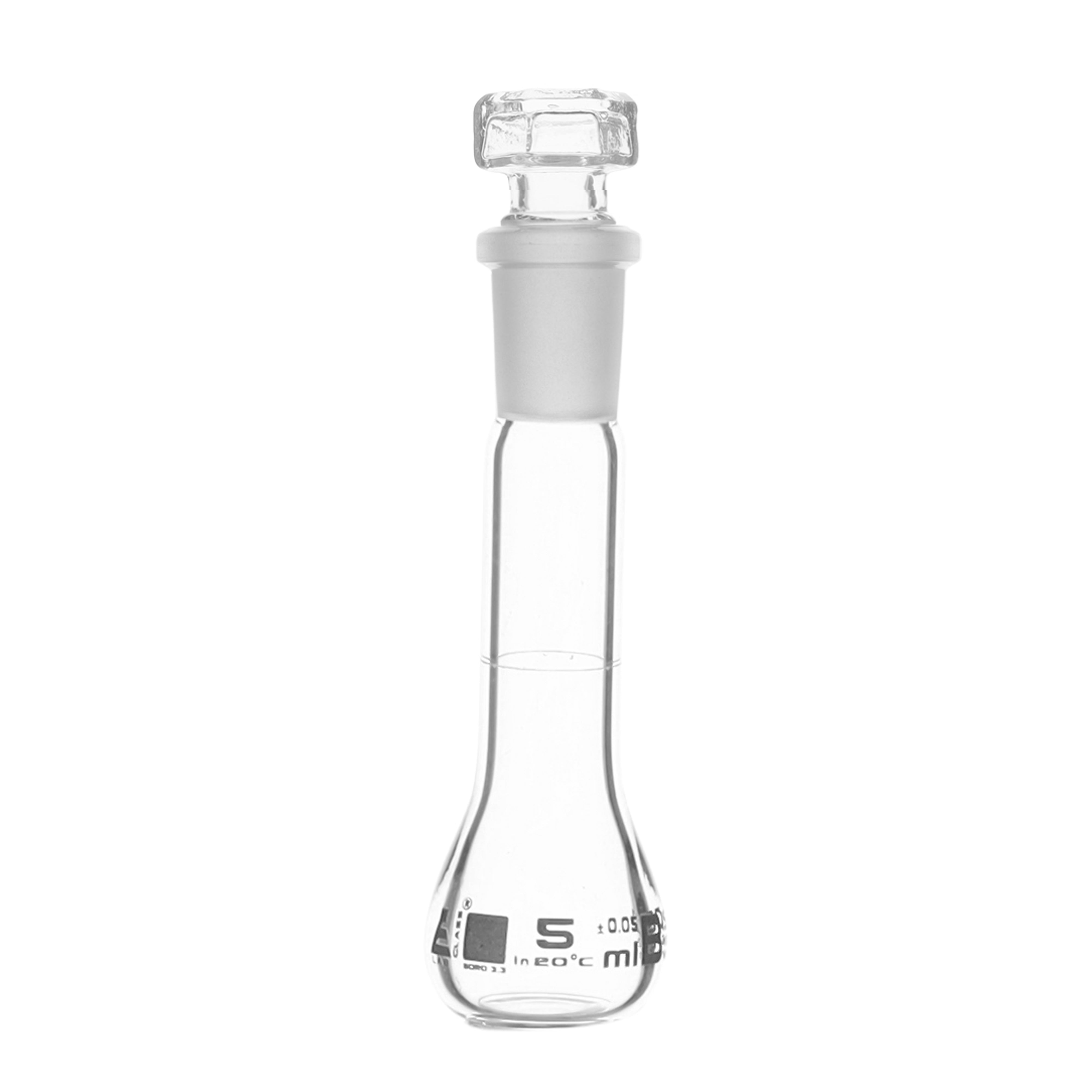 Flasks Volumetric with Hollow Stopper Class - B, cap. 5ml, Hex. Hollow Stopper, borosilicate glass, White Printing - eiscoindustrial