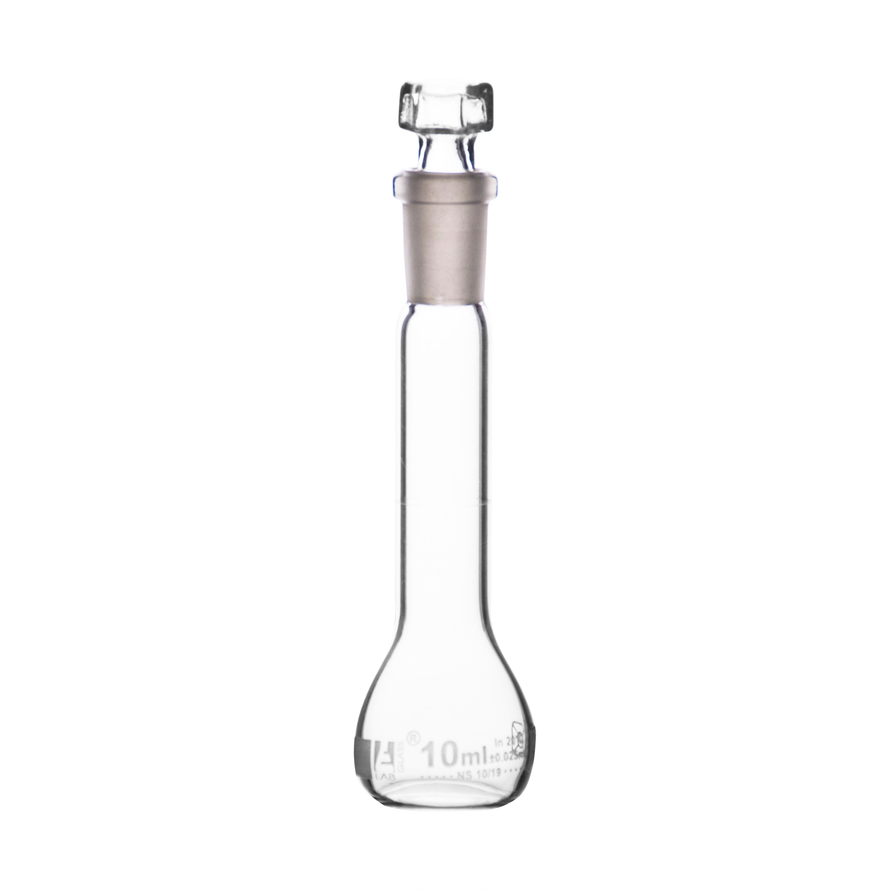 Flasks Volumetric with Hollow Stopper Class - B, cap. 10ml, Hex. Hollow Stopper, borosilicate glass, White Printing - eiscoindustrial