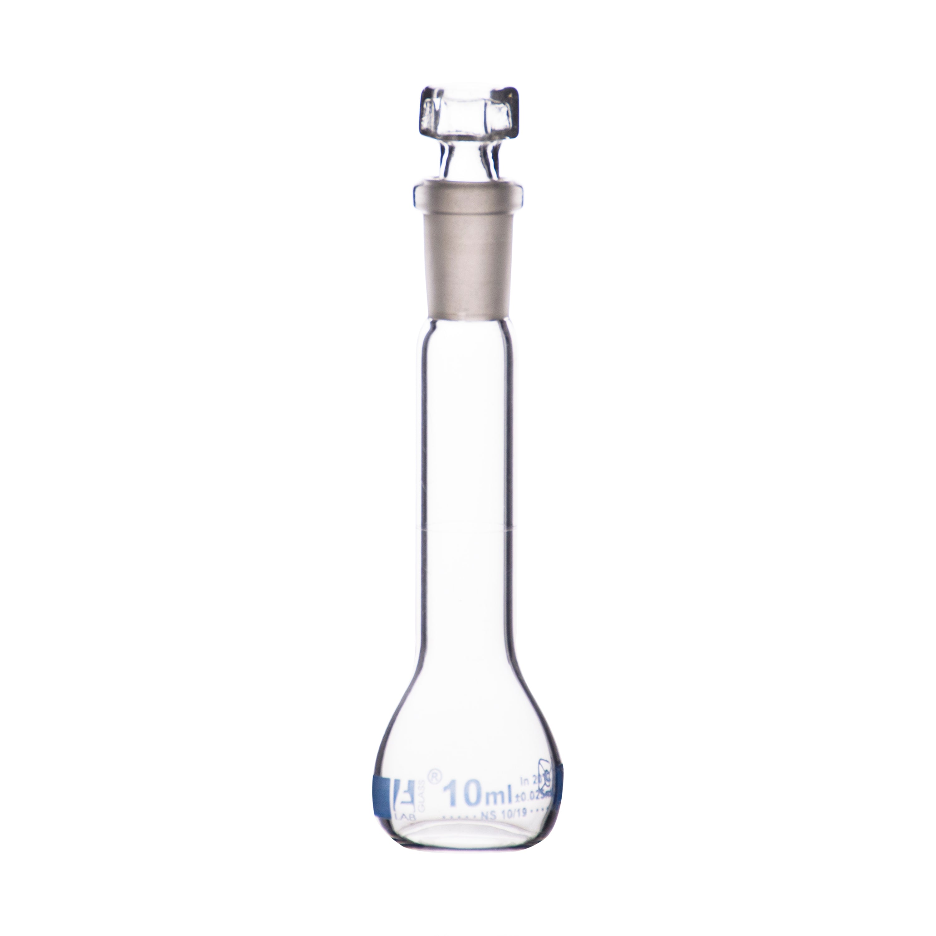 Flasks Volumetric with Hollow Stopper Class - B, cap. 10ml, Hex. Hollow Stopper, borosilicate glass, Blue Printing - eiscoindustrial