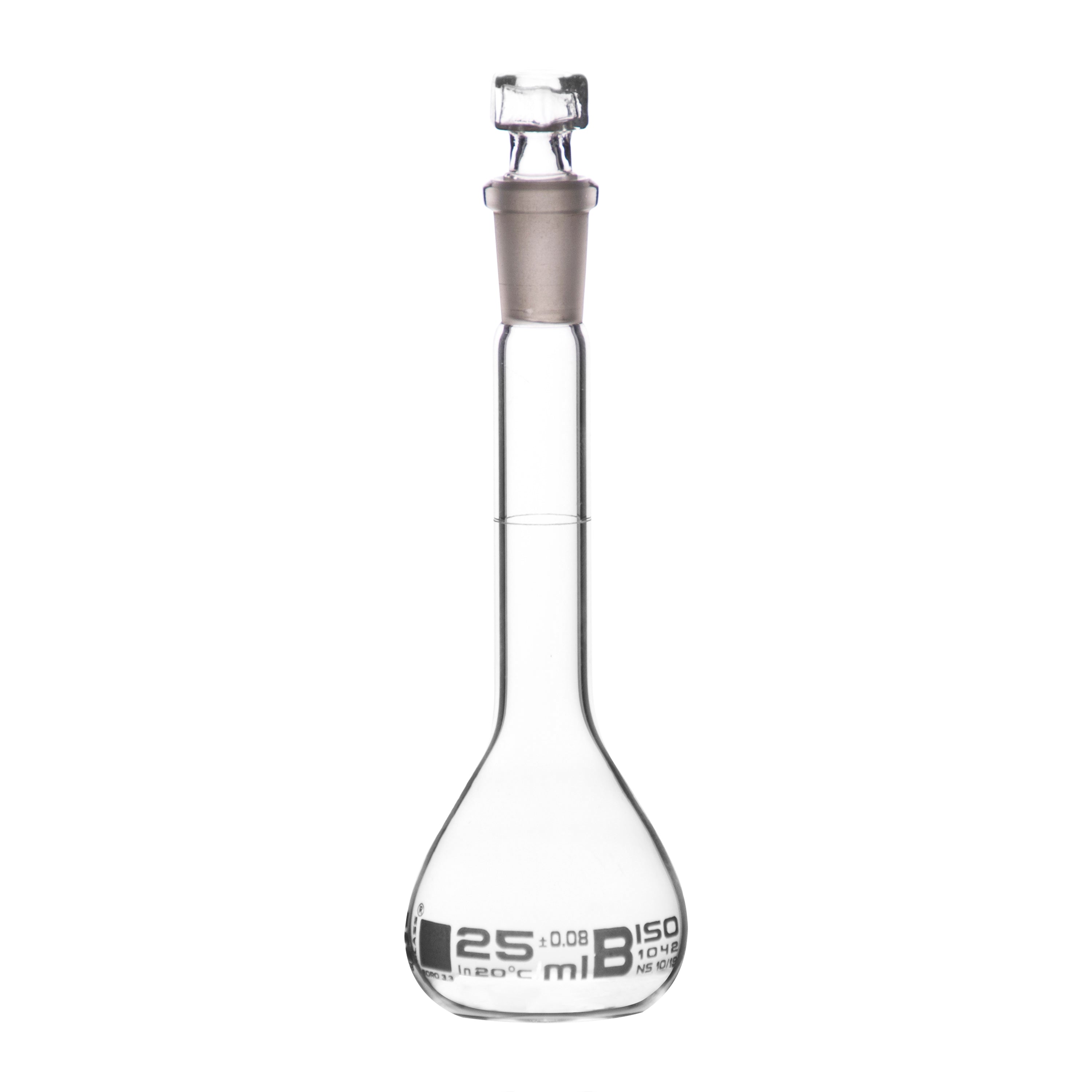 Flasks Volumetric with Hollow Stopper Class - B, cap. 25ml, Hex. Hollow Stopper, borosilicate glass, White Printing - eiscoindustrial