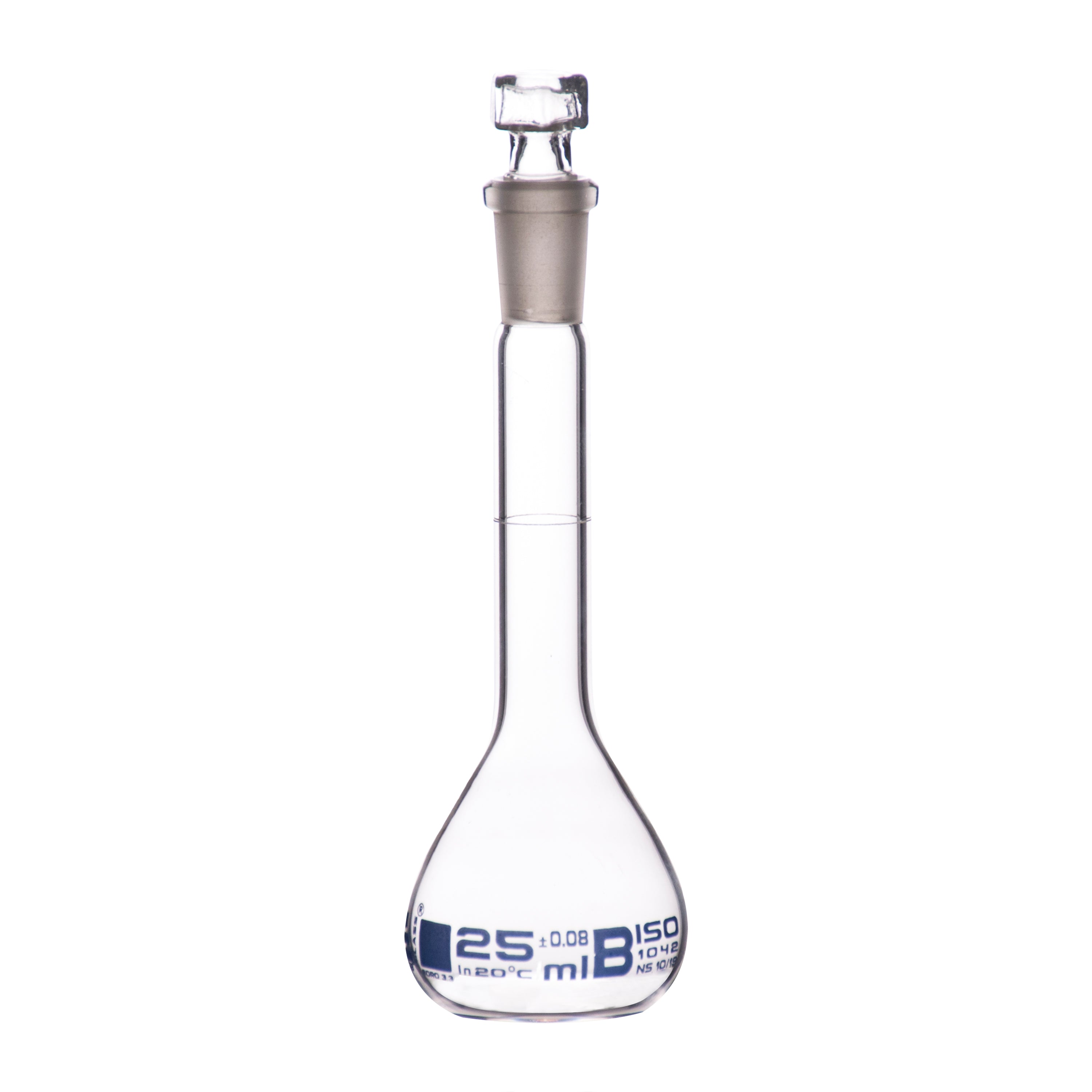 Flasks Volumetric with Hollow Stopper Class - B, cap. 25ml, Hex. Hollow Stopper, borosilicate glass, Blue Printing - eiscoindustrial