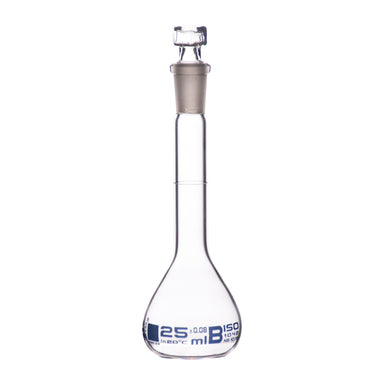 Flasks Volumetric with Hollow Stopper Class - B, cap. 25ml, Hex. Hollow Stopper, borosilicate glass, Blue Printing - eiscoindustrial