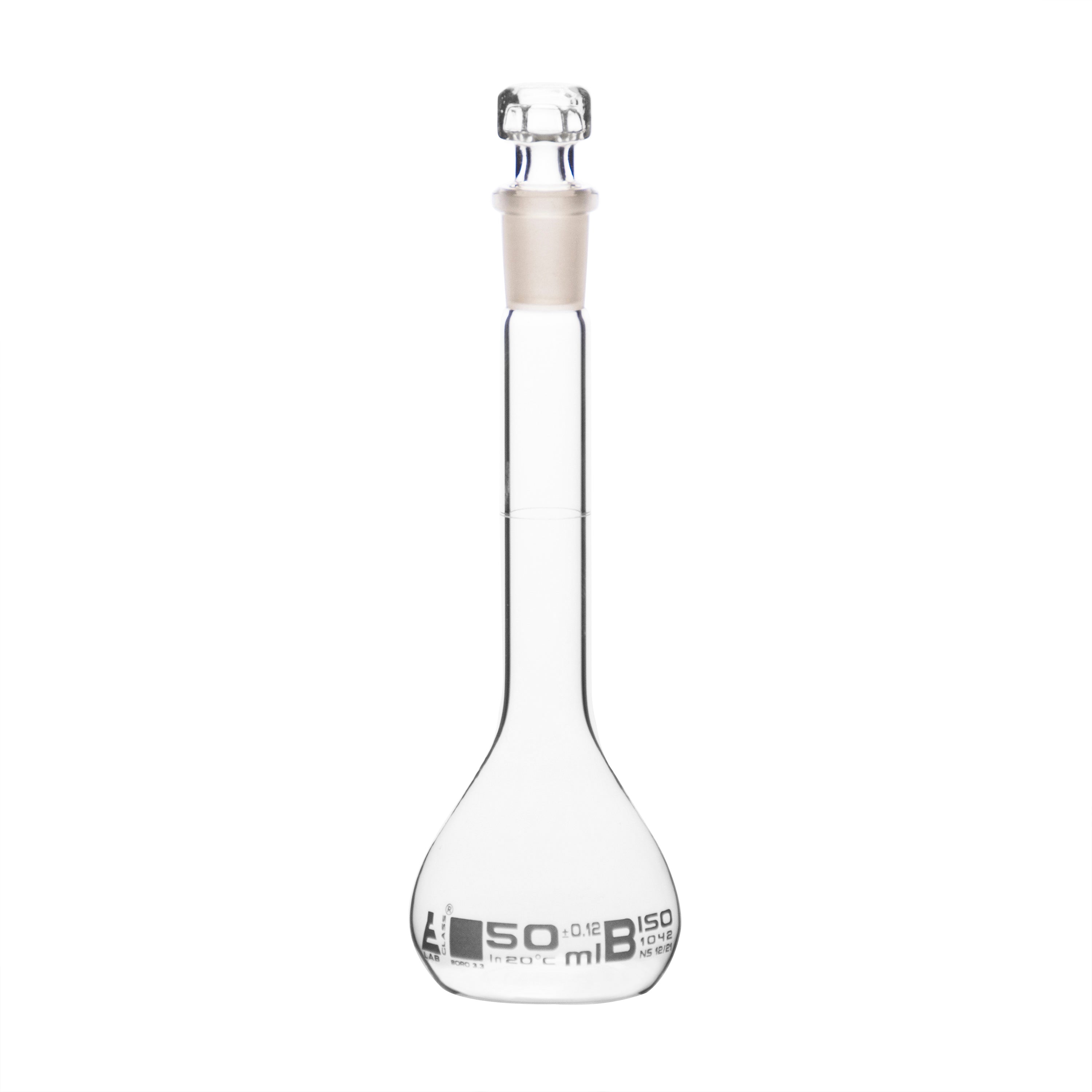 Flasks Volumetric with Hollow Stopper Class - B, cap. 50ml, Hex. Hollow Stopper, borosilicate glass, White Printing - eiscoindustrial