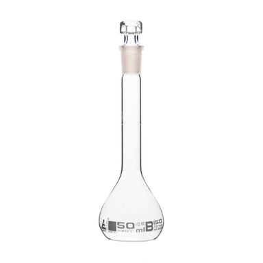 Flasks Volumetric with Hollow Stopper Class - B, cap. 50ml, Hex. Hollow Stopper, borosilicate glass, White Printing - eiscoindustrial