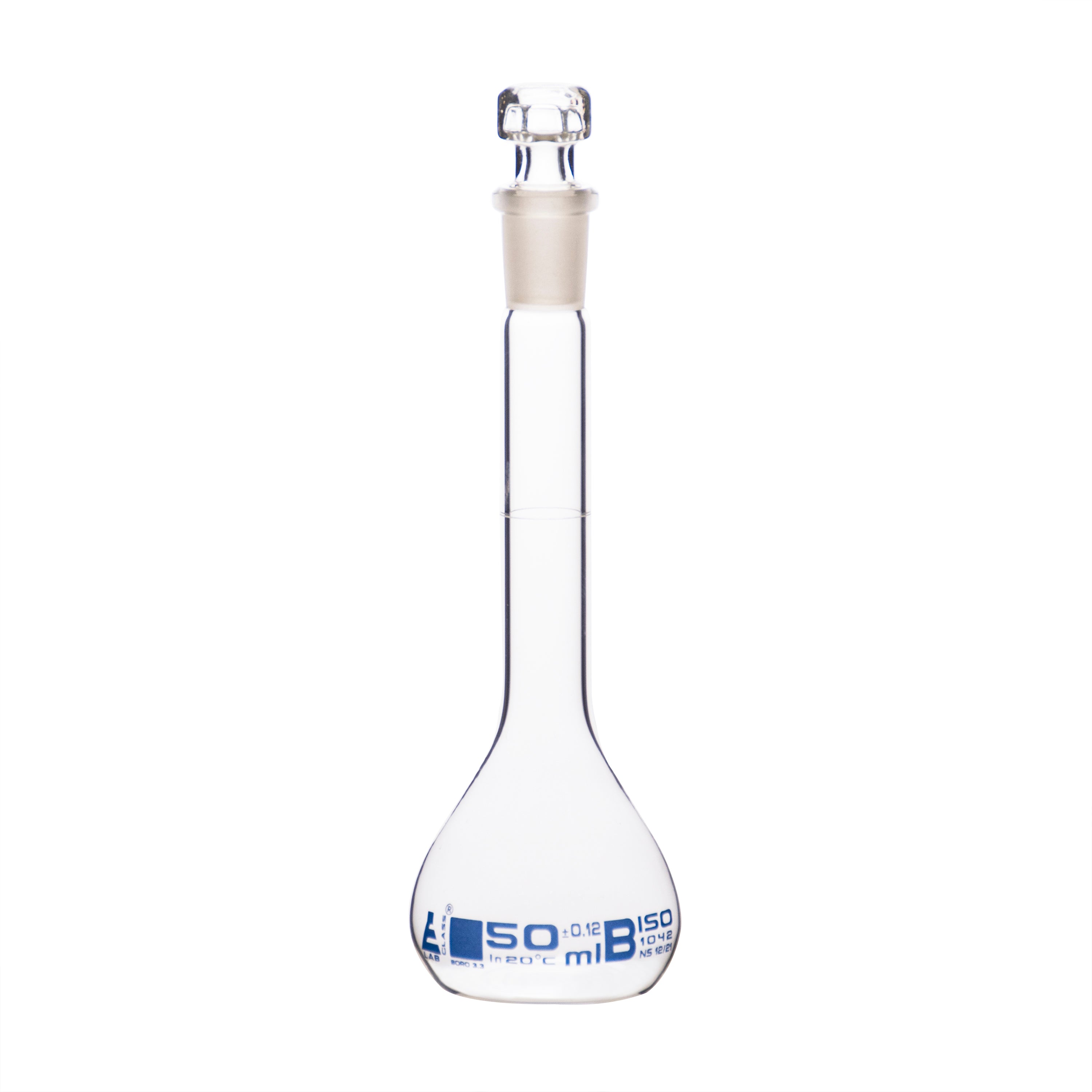 Flasks Volumetric with Hollow Stopper Class - B, cap. 50ml, Hex. Hollow Stopper, borosilicate glass, Blue Printing - eiscoindustrial