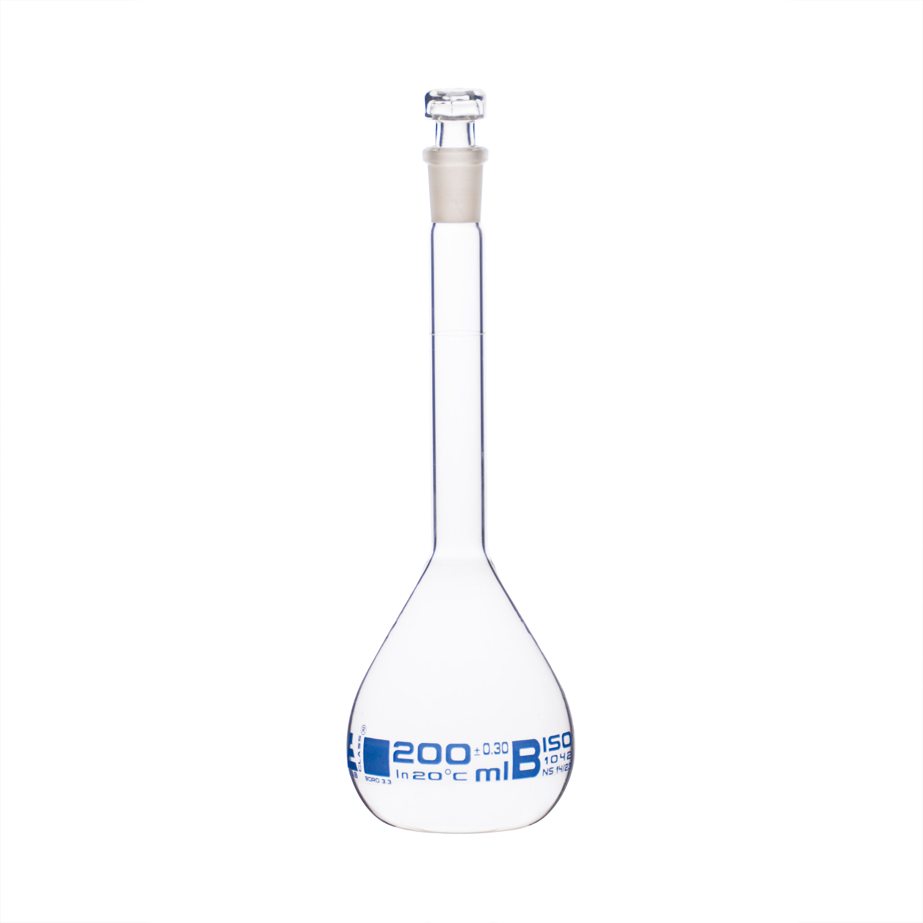 Flasks Volumetric with Hollow Stopper Class - B, cap. 200ml, Hex. Hollow Stopper, borosilicate glass, Blue Printing - eiscoindustrial